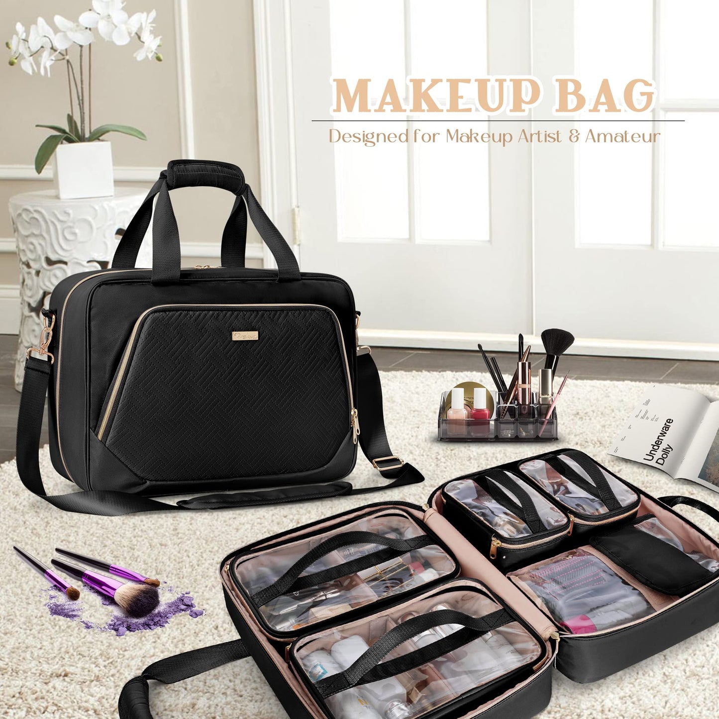 Prokva Professional Makeup Artist Travel Case with 4 Detachable Cosmetic Bags, Large Make up Organizer Bag with Makeup Kit Storage Section and Hair Tools Pocket, Black (Empty Bag Only)