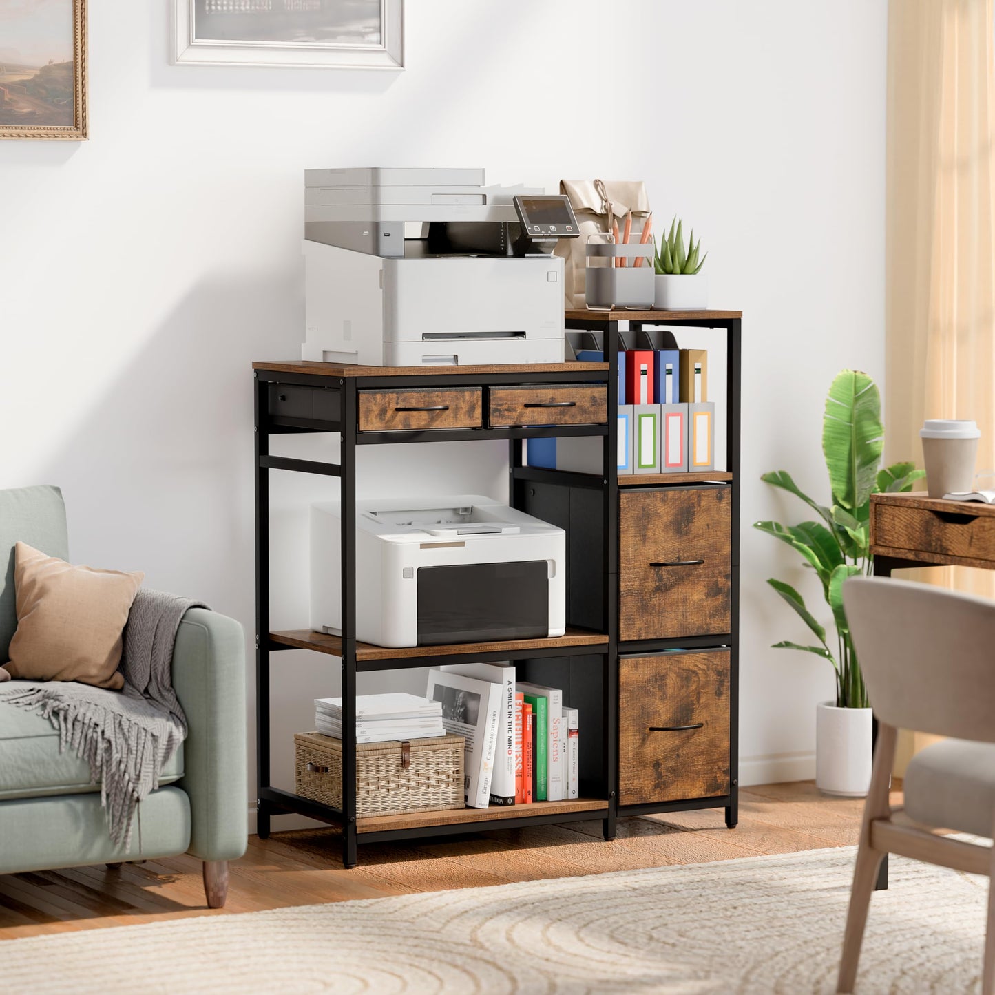 JUSTOGO Printer Stand with 4 Drawer, 43" x 36" x 16" Extra Large File Cabinet with Open Storage Shelf, 5 Tier Printer Table Lateral Filing Cabinet for Home Office, Rustic Brown