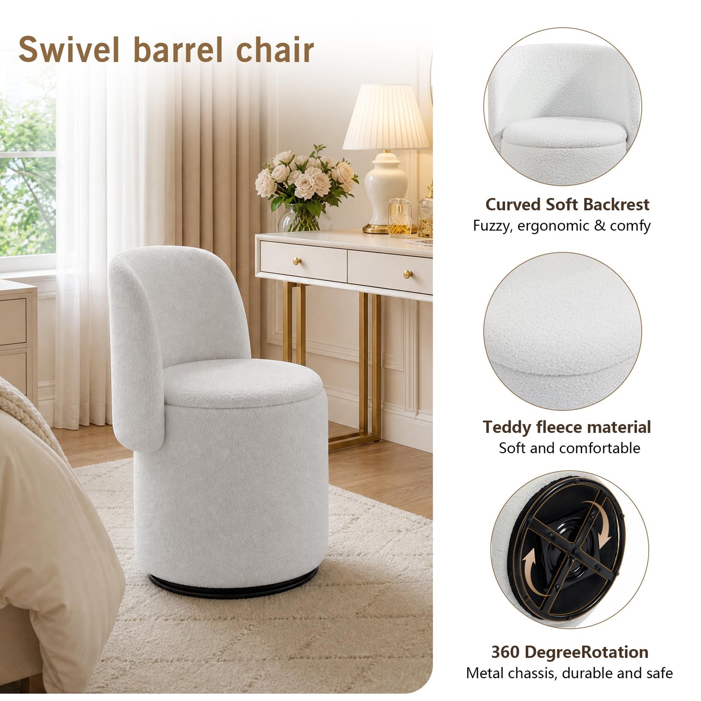 WOCFYK Swivel Vanity Chair with Storage and Matching Cat Bed Stool, 360 Degree Upholstered Barrel Chair, Teddy Fleece Makeup Chair with Back for Bedroom, Vanity Room, Dining Room, White Teddy Fleece