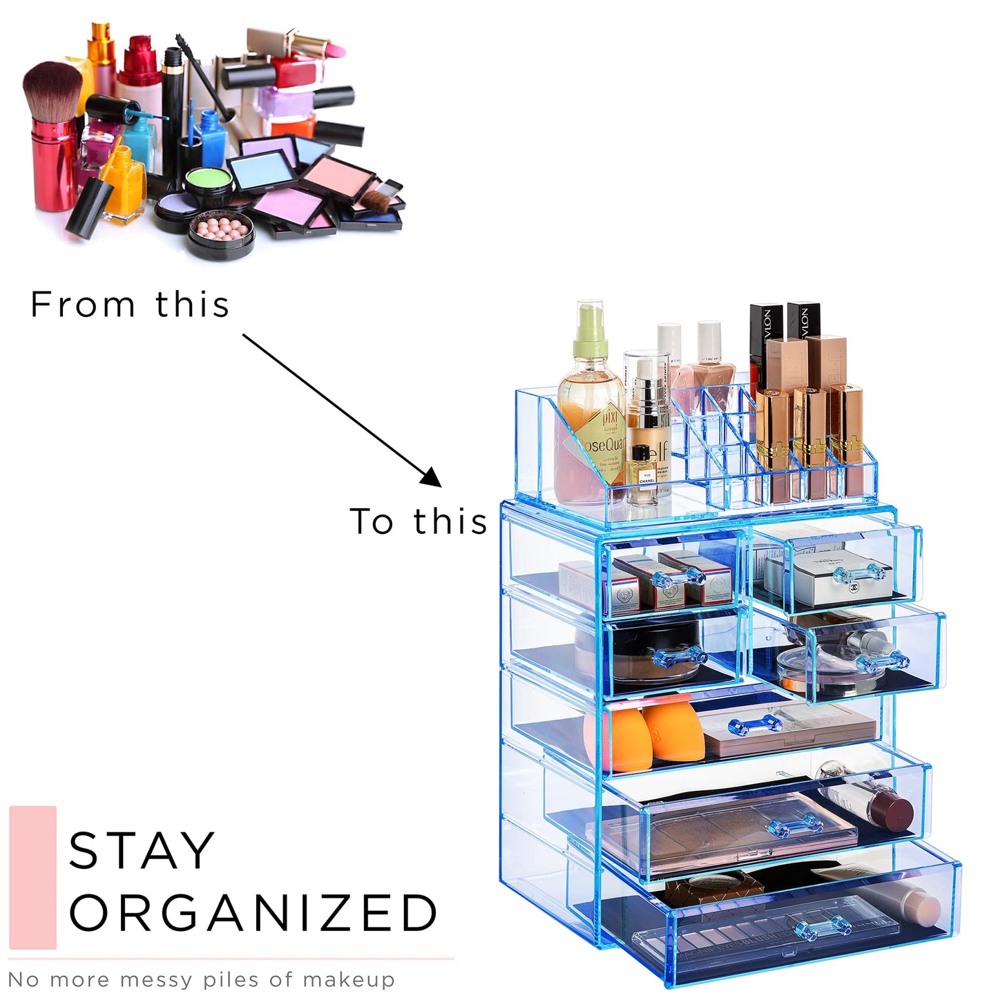 Sorbus Acrylic Makeup Organizer Set, 7-Drawer Vanity & Countertop Cosmetic Storage with Small & Wide Compartments, Blue Brilliance Makeup Storage for Brushes, Jewelry – Holiday Gift for Women & Teens