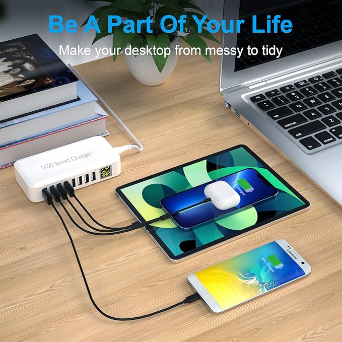 USB Charging Station, Ziwodiv 8-Port 60W/12A Charger Station, Multi Ports USB-A Charging Hub with LED Display, Compact Desktop Charger for Multiple Devices, iPhone iPad Samsung Android and Tablet