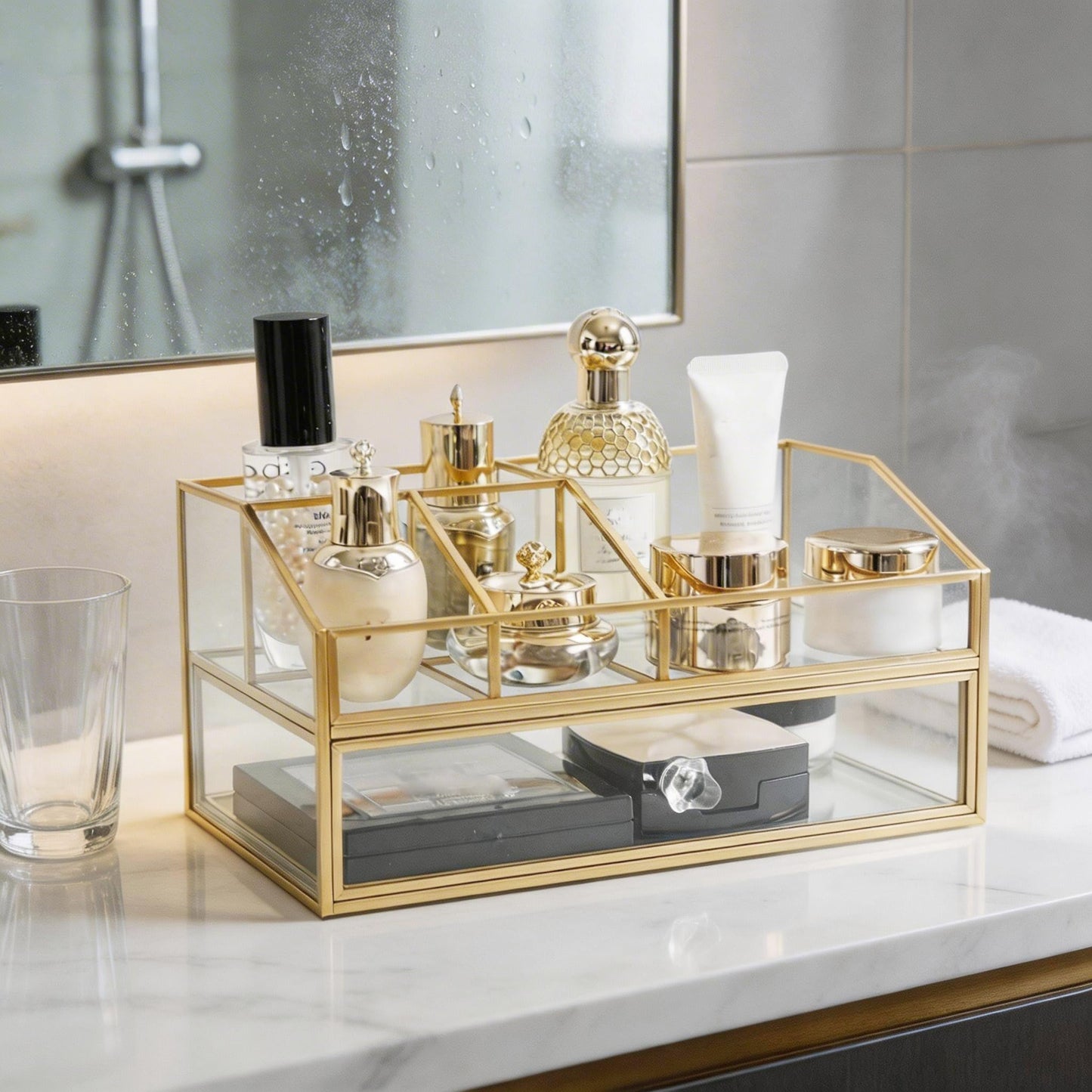 JIARI Glass Makeup Organizer with Drawer, Gold Brass Frame Jewelry Display Box, Nordic Style Cosmetic Storage for Vanity Bathroom Bedroom Office, 9.44x5.43x4.92 Inches (Storage Box-2 Tier)