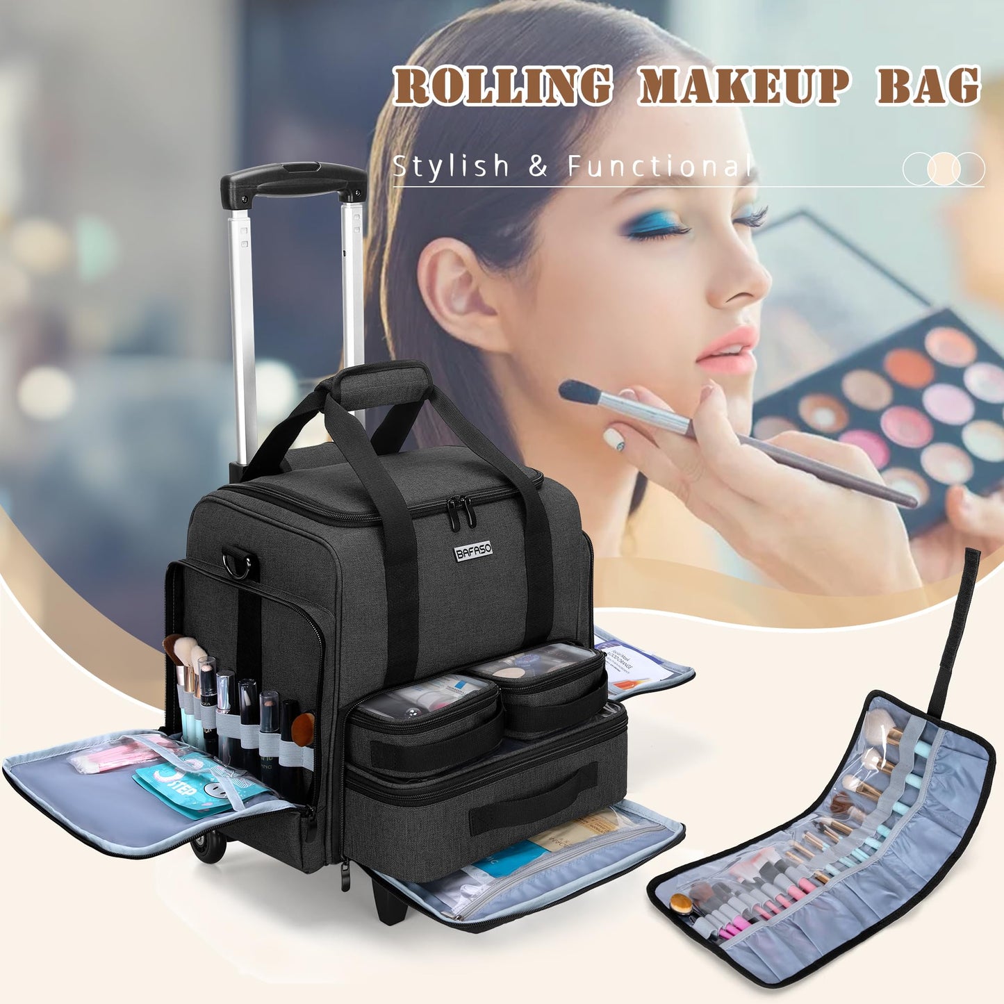 BAFASO Rolling Makeup Case with 3 Removable Pouches and 1 Makeup Brush Bag, Professional Makeup Train Case Cosmetic Bag with Detachable Dolly (Patented), Black