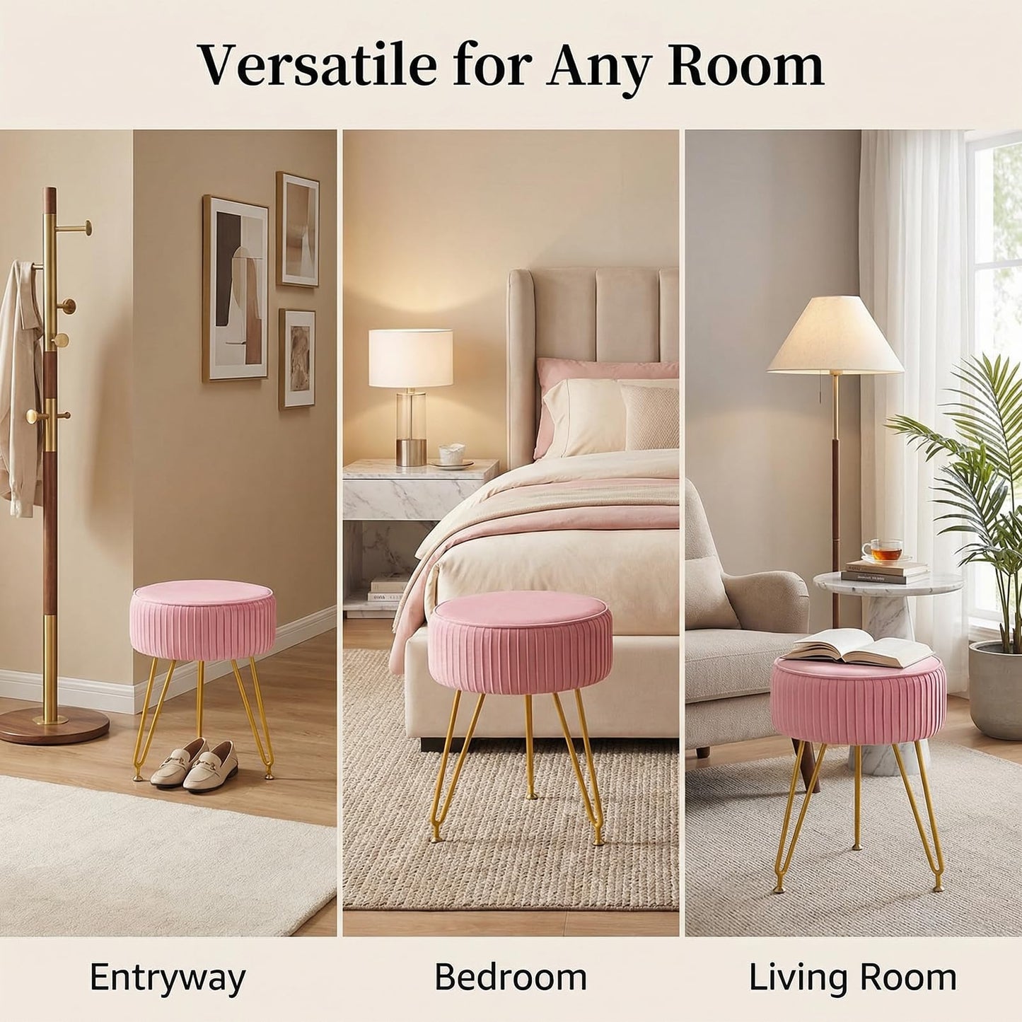 Leesingdo Velvet Vanity Stool, Modern Ottoman Foot Rest Stool with Adjustable Golden Legs, Makeup Chair for Vanity, Multifunctional Small Vanity Chair for Bedroom, Pink