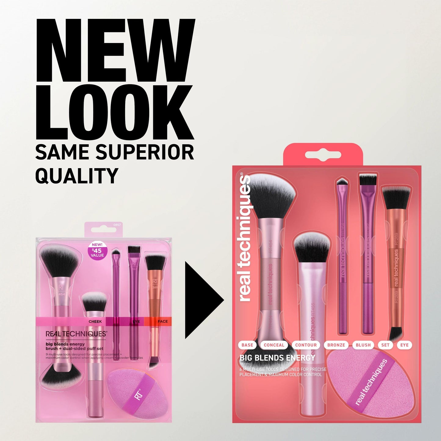 Real Techniques 6 Piece Big Blends Energy Brush + Dual-Sided Puff Kit, Face Makeup Brush & Puff Set for Foundation, Concealer, Powder & Blush, Travel Friendly, Cruelty-Free & Vegan