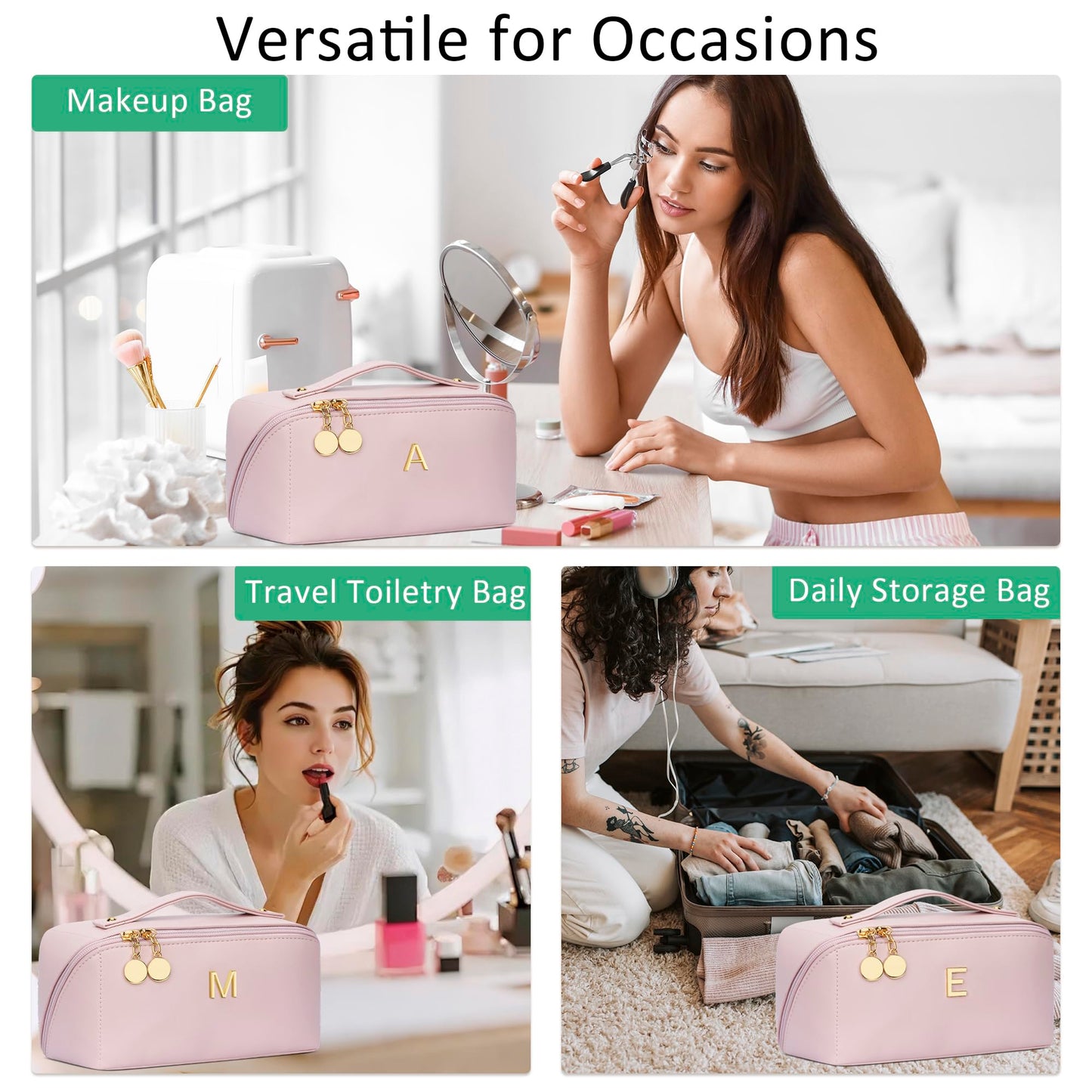 CLOUDWINGS Initial Makeup Bag Gifts for Women Bridesmaid Gifts Travel Toiletry Personalized PU Leather Waterproof Cosmetic Bag (Large-Pink-A)