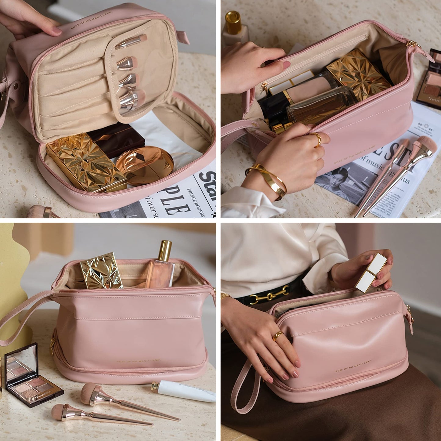 YOMOSPACE Large Makeup Bag, Double Layer Cosmetic Bag, Leather Make Up Bag with Brush Organizer, Portable Travel Makeup Bag, Makeup Organizer Bag Toiletry Bag for Women and Girls (Pink)