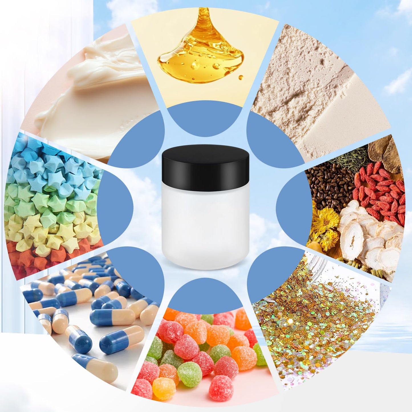 6 Pcs 200ml/6.7oz Frosted Glass Jars Empty Cosmetic Pot Refillable Cream Container Bottle with Black Lids for Lotion Face Cream DIY Makeup Toiletries - White