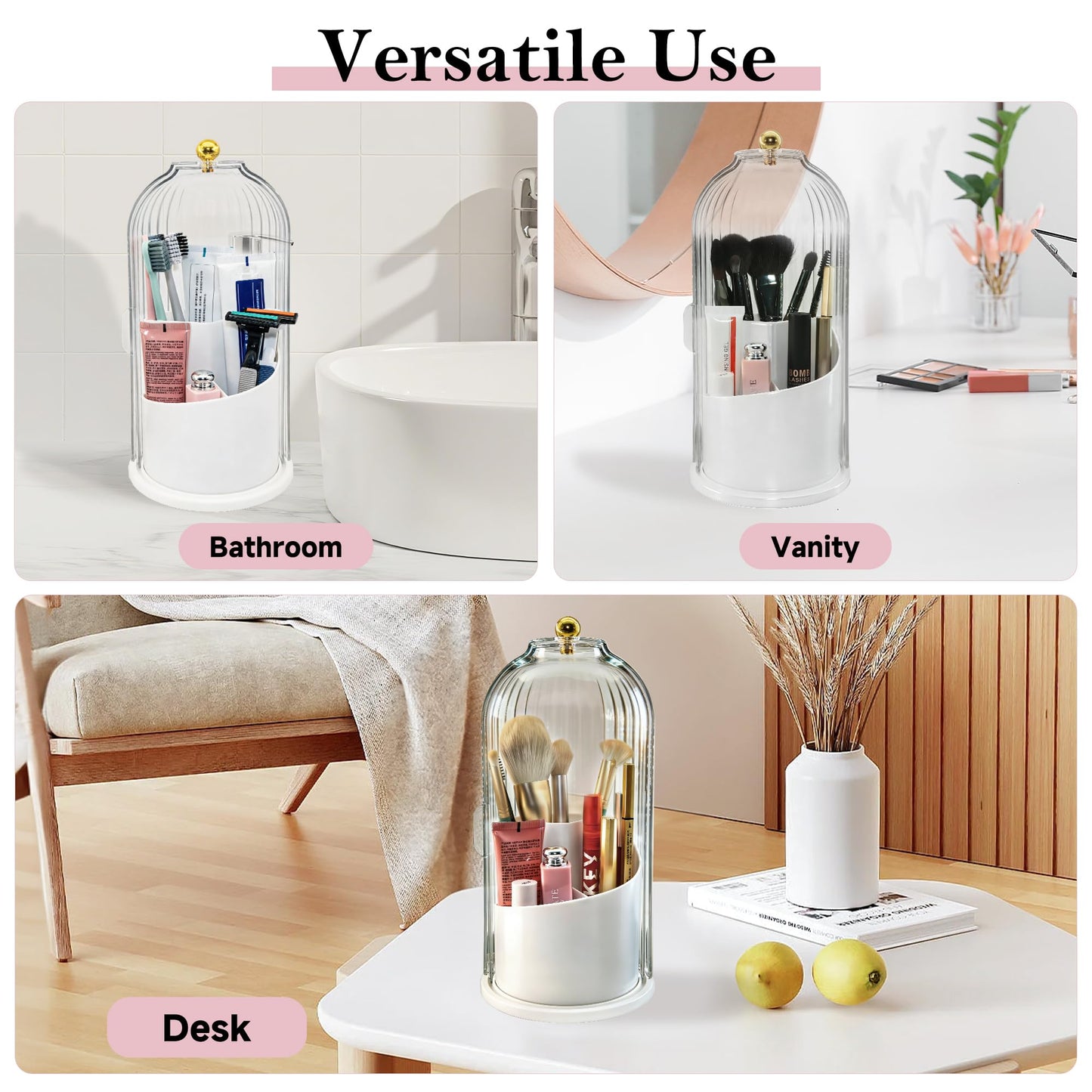 Bilziviro Makeup Brush Holder with 360° Rotating Lid, Covered Cosmetic Brush Organizer for Vanity, Bathroom Countertop Toothbrush Holder, Dustproof, Waterproof, Easy to Clean