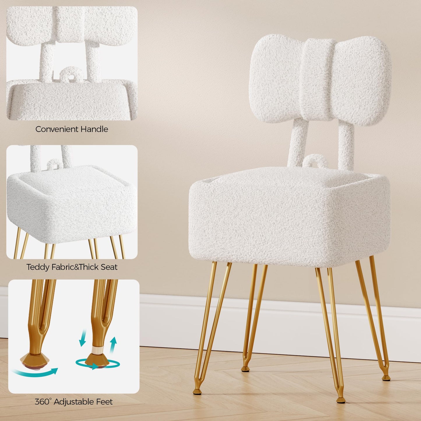 SENGALOTI Small Vanity Stool Chair with Storage and Foldable Back, White