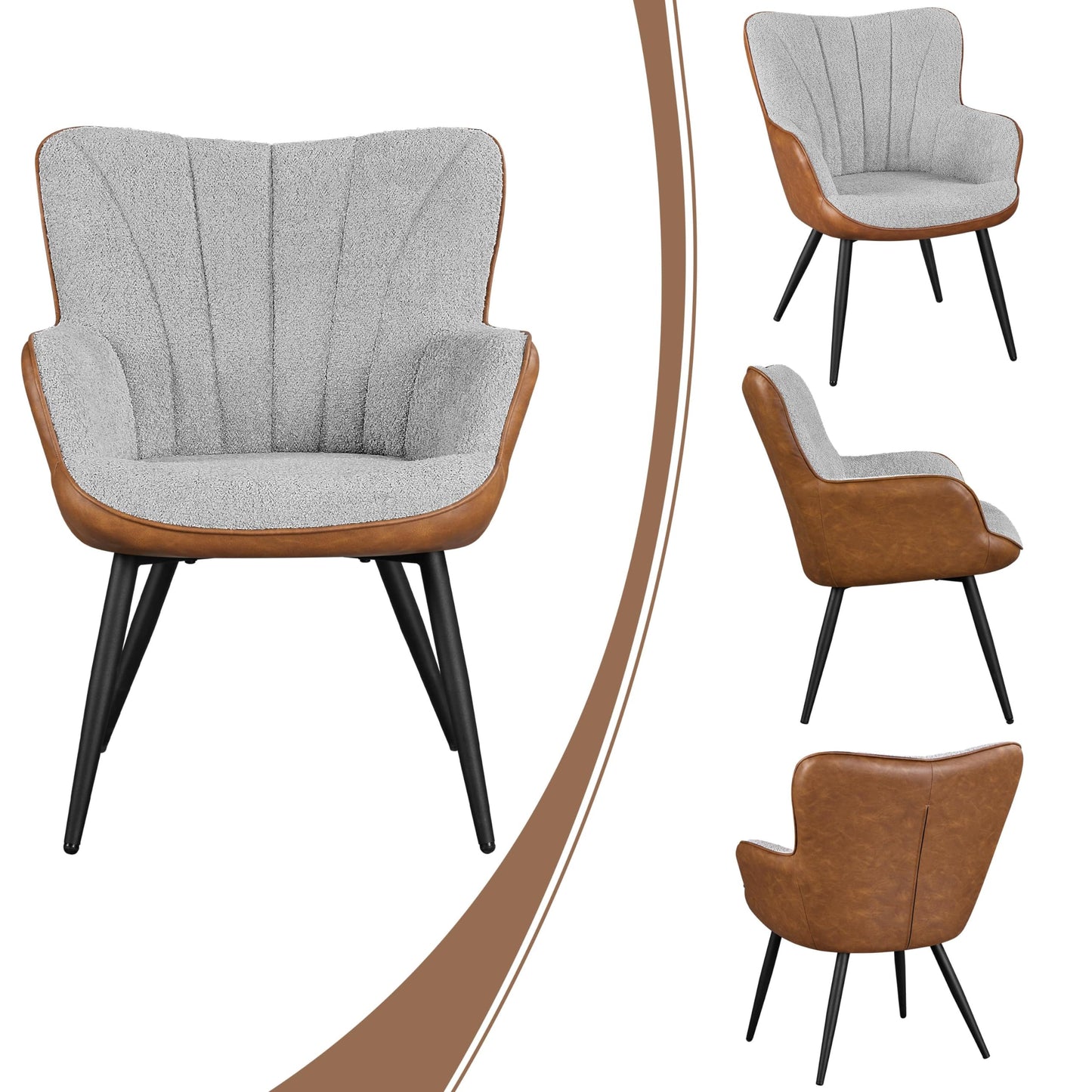 Yaheetech Accent Chair, Modern Fuzzy Boucle Fabric and Faux Leather Armchair, Upholstered Vanity Chair with High Curved Back and Metal Legs for Living Room Makeup Bedroom, Gray/Retro Brown