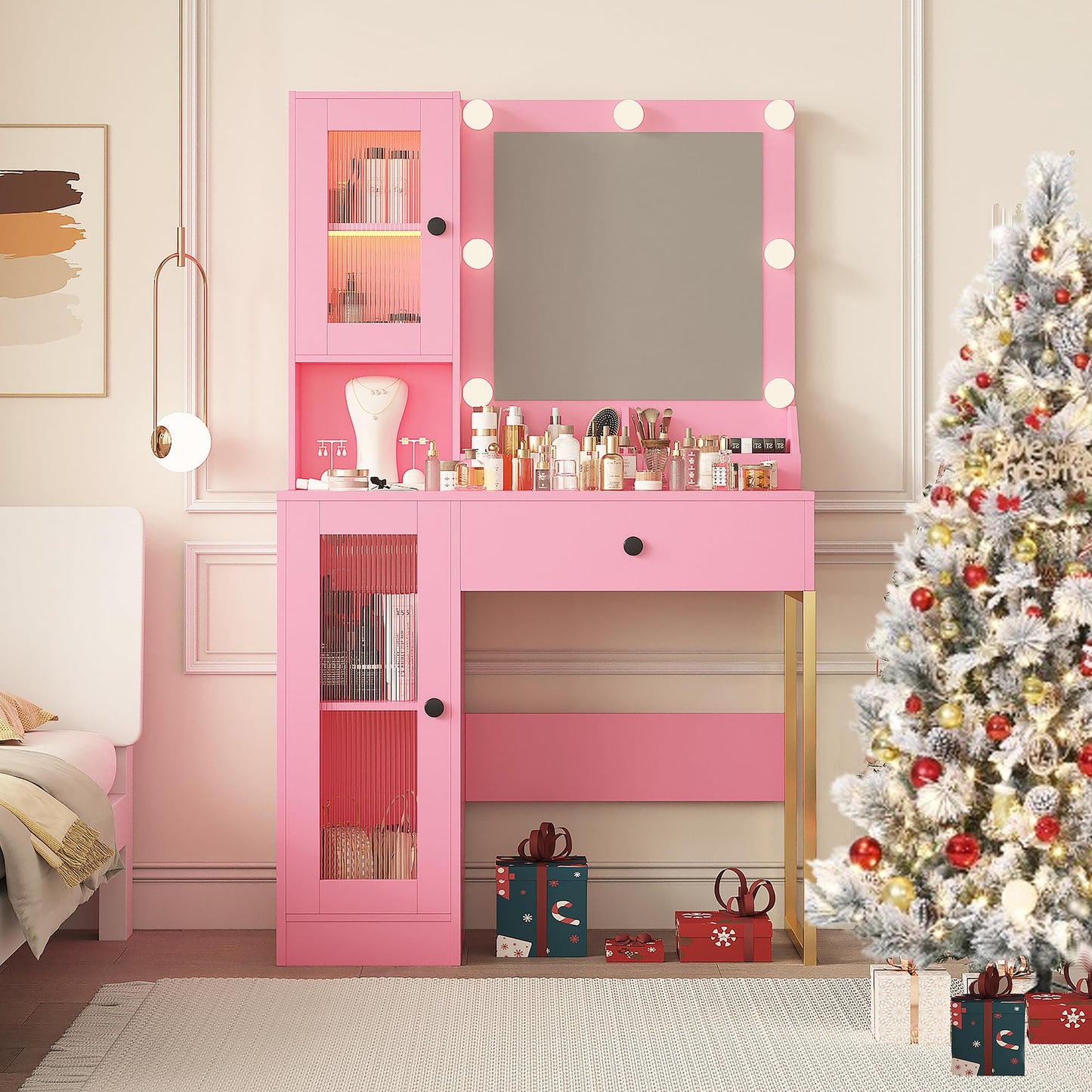 Makeup Vanity Desk with Mirror and Lights, Vanity Table with Charging Station, RGB Lights Wood Dressing Table for Bedroom, for Girls