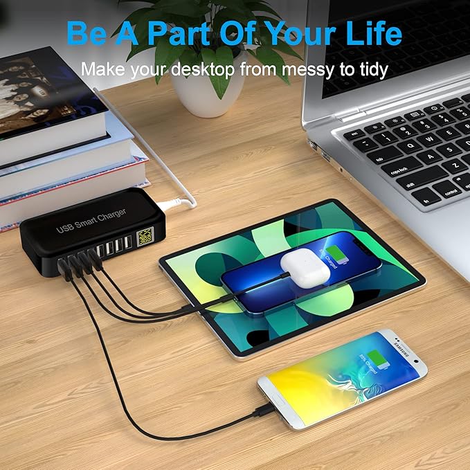 USB Charging Station, Ziwodiv 8-Port 60W/12A USB Charger Station, Multi Ports USB-A Charging Hub with LED Display, Compact Desktop Charger for Multiple Devices, iPhone iPad Samsung Android and Tablet
