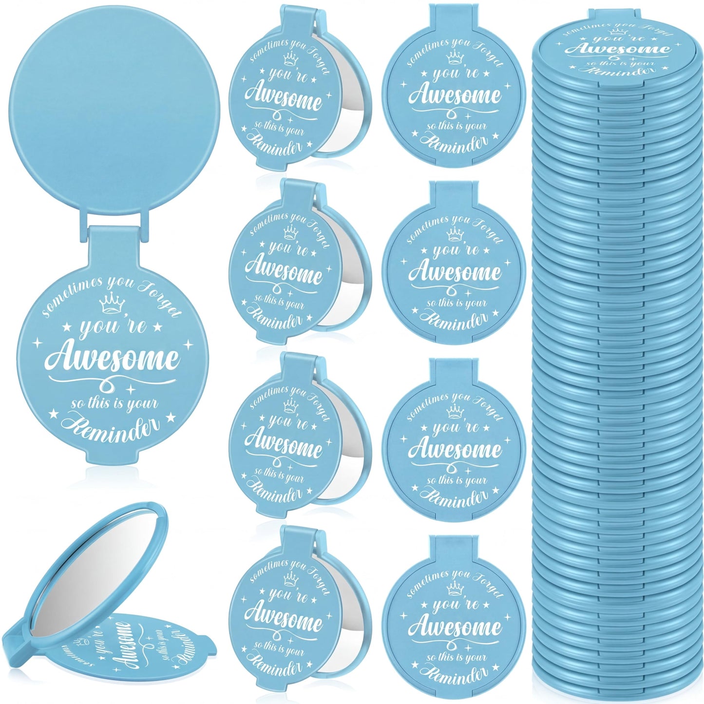 Gulfmew 36 Pcs 2.76 Inch Inspirational Compact Mirror Bulk Women Small Gifts Graduation Mothers Day Party Favors Purse Mirror Pocket Mini Items for Adult Coworker Cheerleader Swag Bag (Light Blue)