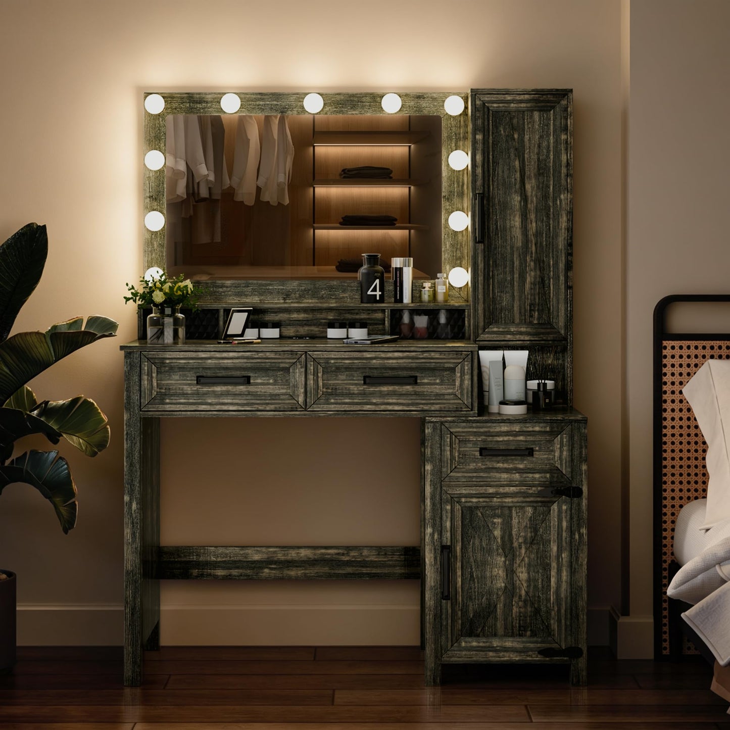 NicBex Vanity Desk with LED Lighted Mirror & Charging Ports, Makeup Vanity Table with Sliding Jewelry Cabinet, Built-in Lipstick Organizer, 3 Drawers and Shelves, Dressing Table for Bedroom, Brown