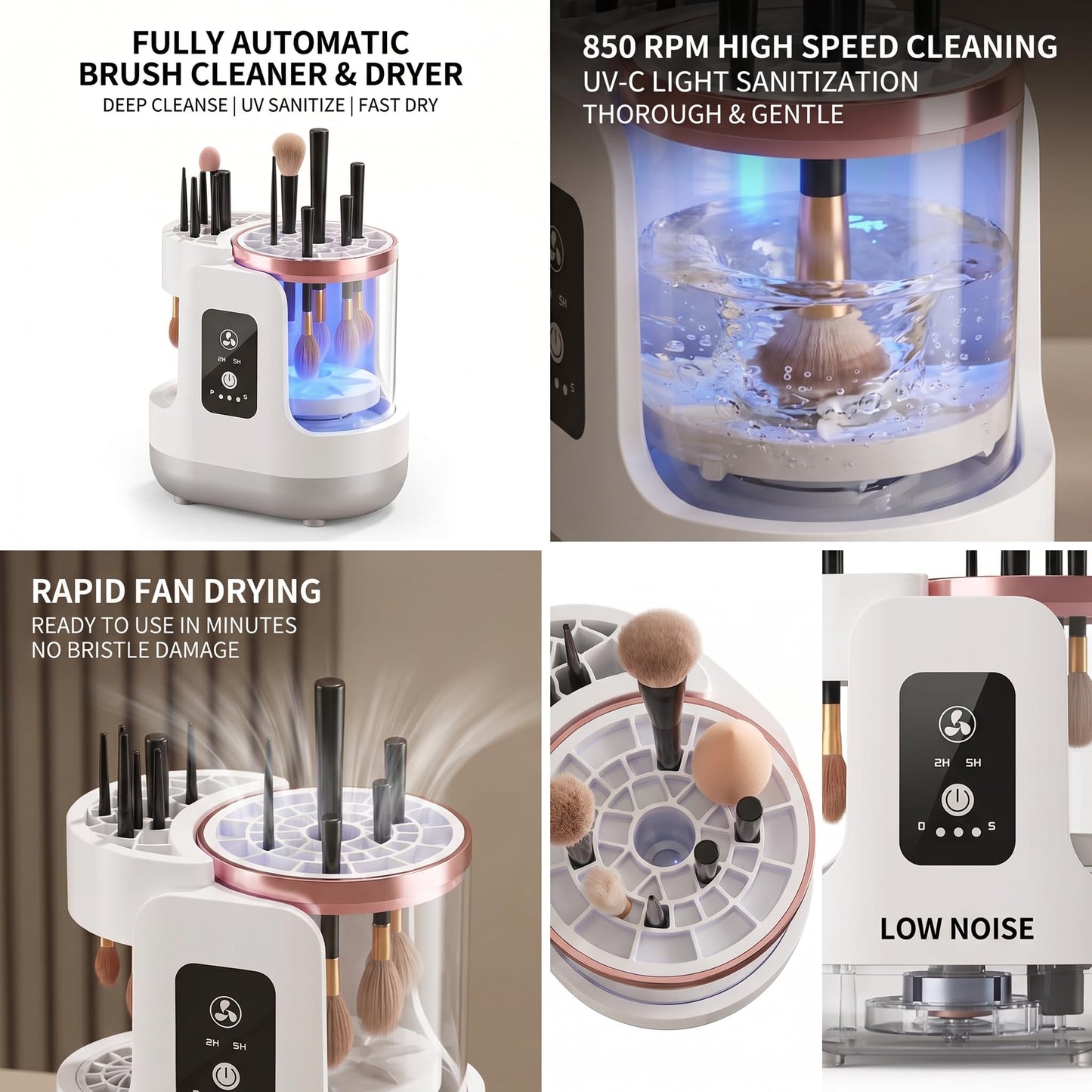 3-in-1 Electric Makeup Brush Cleaner and Dryer, Automatic Brush Washer with Air Drying Fan, USB Powered, Fast Cleaning Machine for Foundation, Powder & Eye Brushes (Single-Ended)