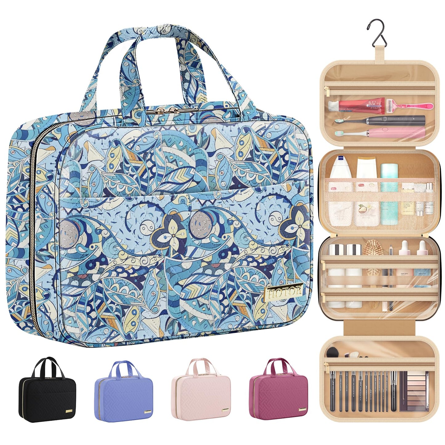 HOTOR Travel Toiletry Bag - Hanging Toiletry Bag for Women & Men, Makeup Bag/Big Comparment, Waterproof for Travel Accessories, Travel Essentials, Medium, Blue Paisley