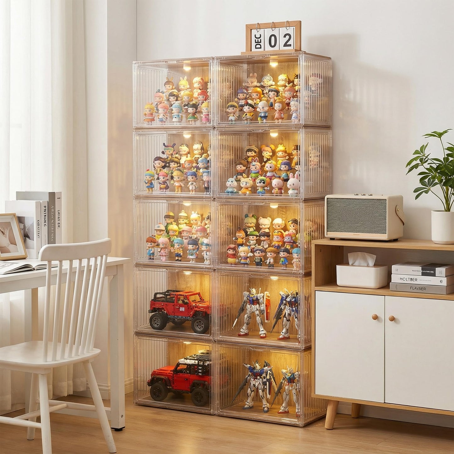 TimberAura Acrylic Display Case for Collectibles, 4-Tier Clear Display Box with Removable Shelves, Stackable Organizer with Magnetic Door for Figures, 1 Pack