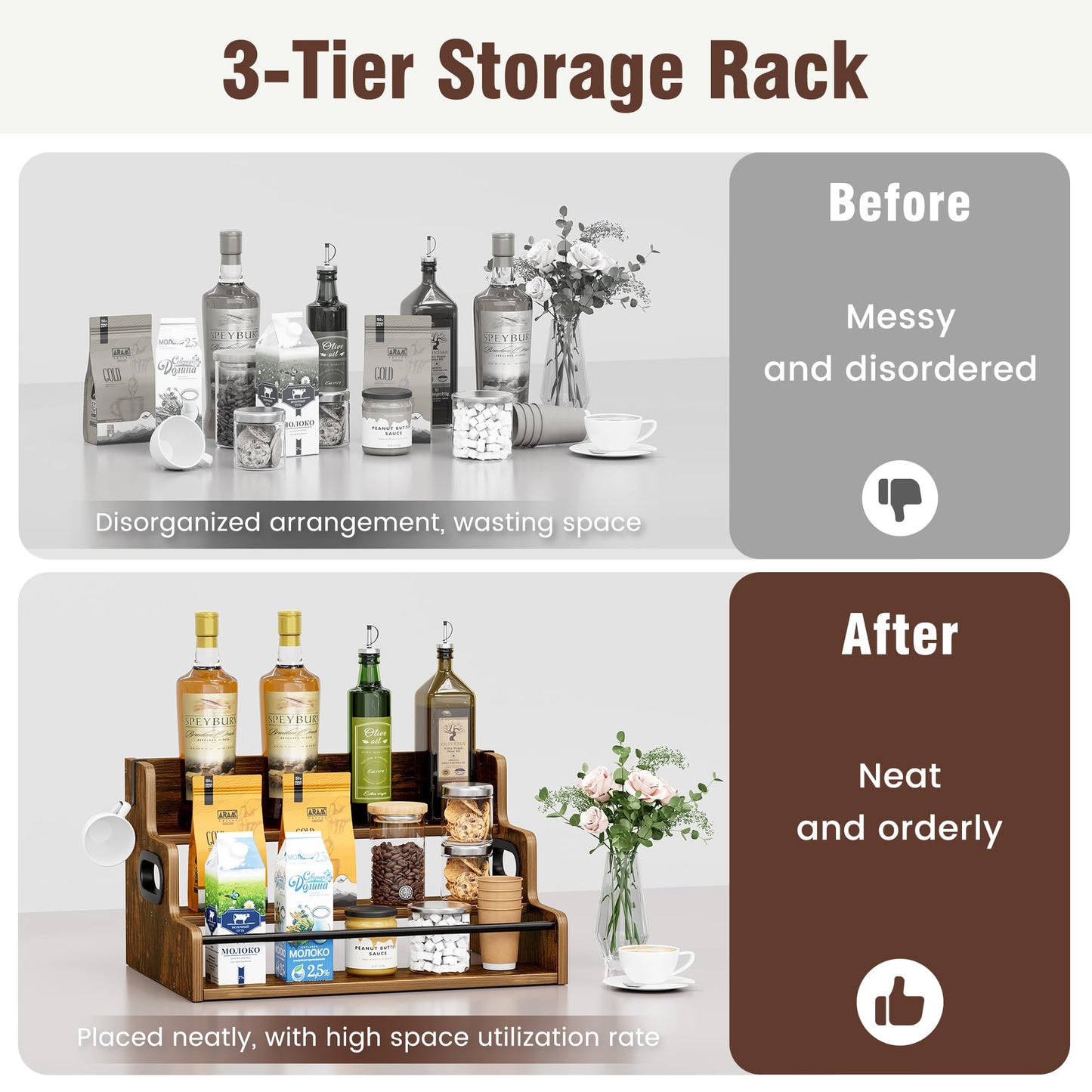 YOUDENOVA Liquor Bottle Display Shelf, Tabletop Wine Rack, 3-Tier Countertop Liquor Wine Rack for Liquor Whiskey, Coffee Syrup Rack Organizer and Home Bar Storage