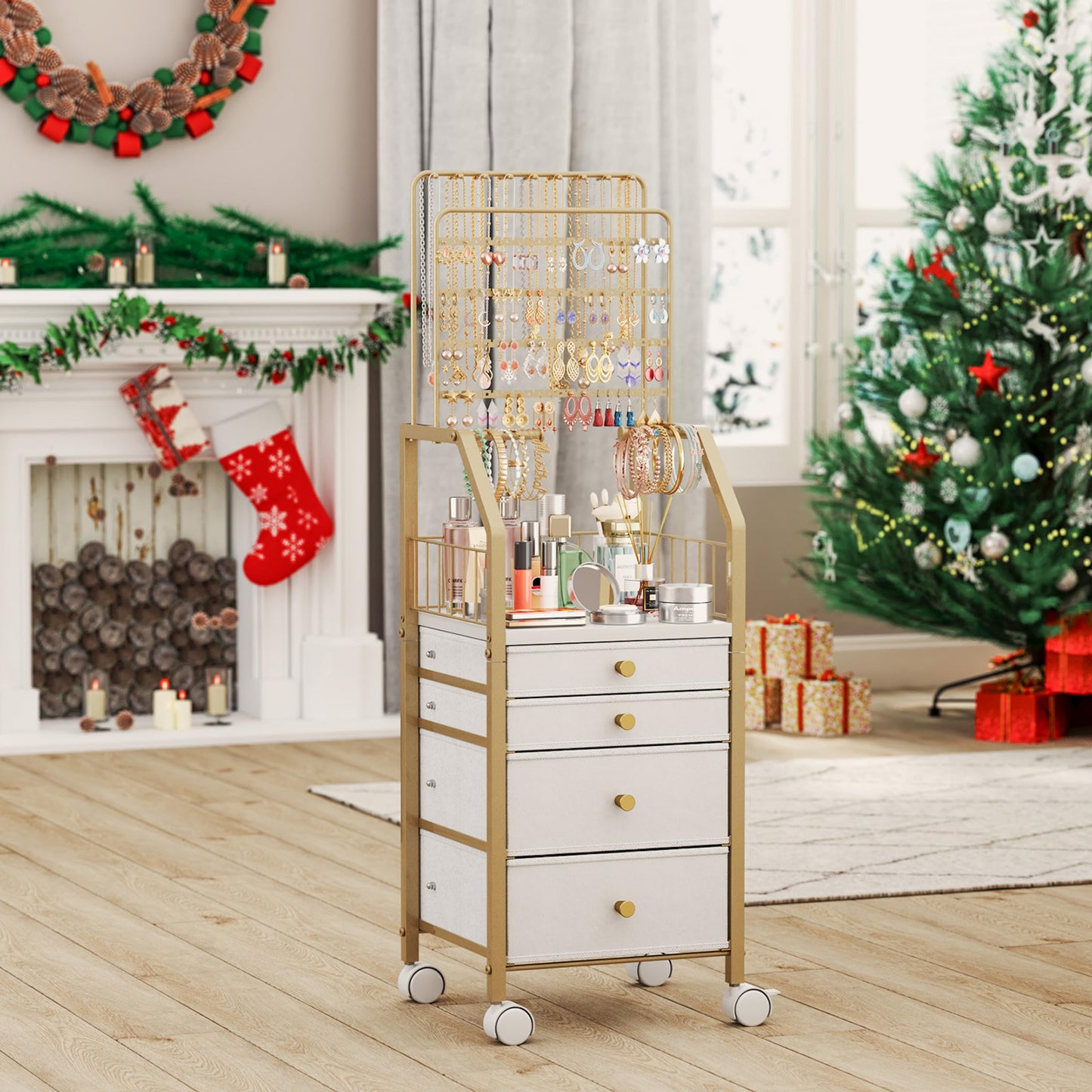 SWTYMIKI Gold Jewelry Organizer Stand - Multifunctional Rack Tower for Necklace, Earring, Ring & Bracelet Display - Moveable Storage Jewelry Holder Stand with 4 Nonwoven Drawers for Bedroom Gold