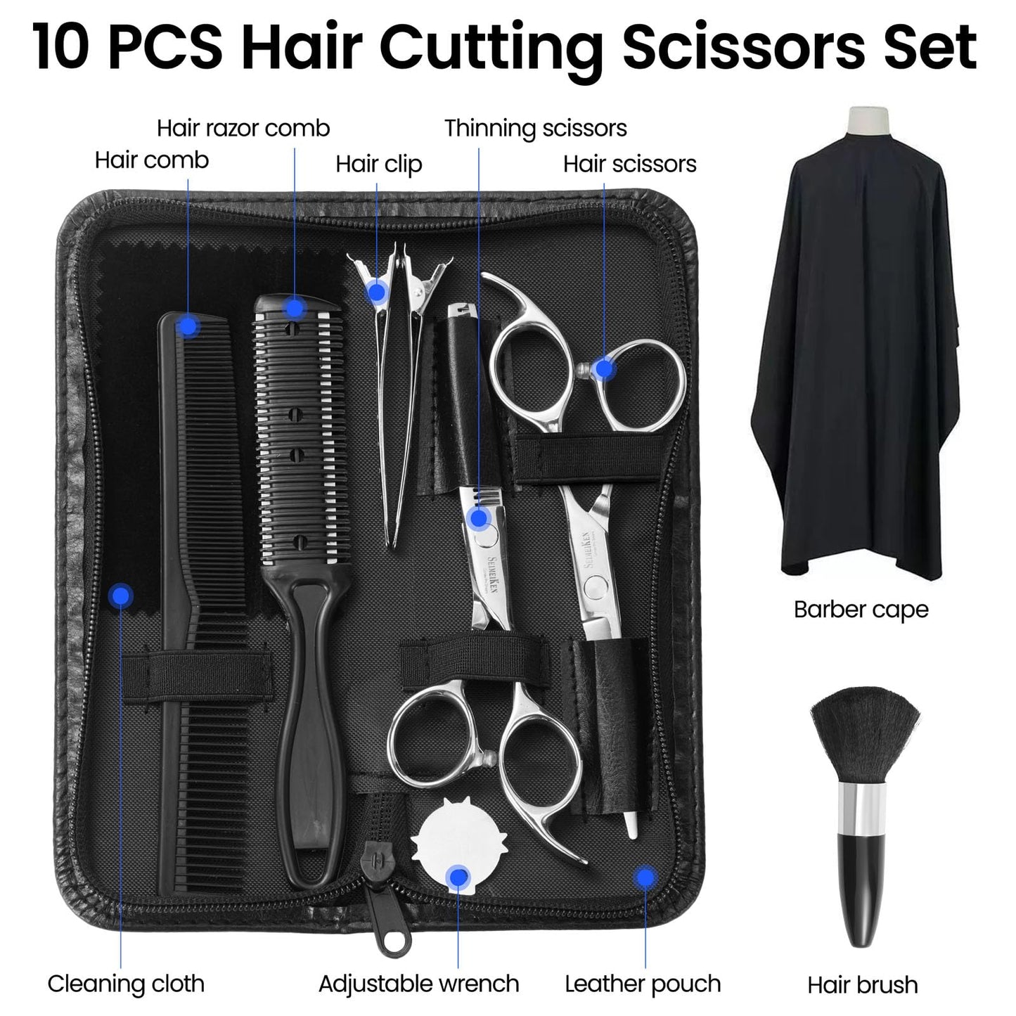 SEIMEIKEN Hair Cutting Scissors Kit – 10PCS Professional Hair Shears Set - 6.0 Inch Haircut Scissors - Hairdressing Shears Thinning Scissors for Salon & Home Use
