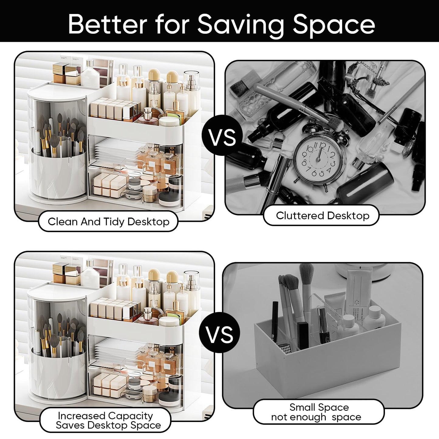 TIMBERHIDE Makeup Organizer,Rotating Cosmetic Storage Organizer with Drawers,Large Capacity Makeup Brush Holder,Skincare Vanity Organizer for Bathroom Countertop, White