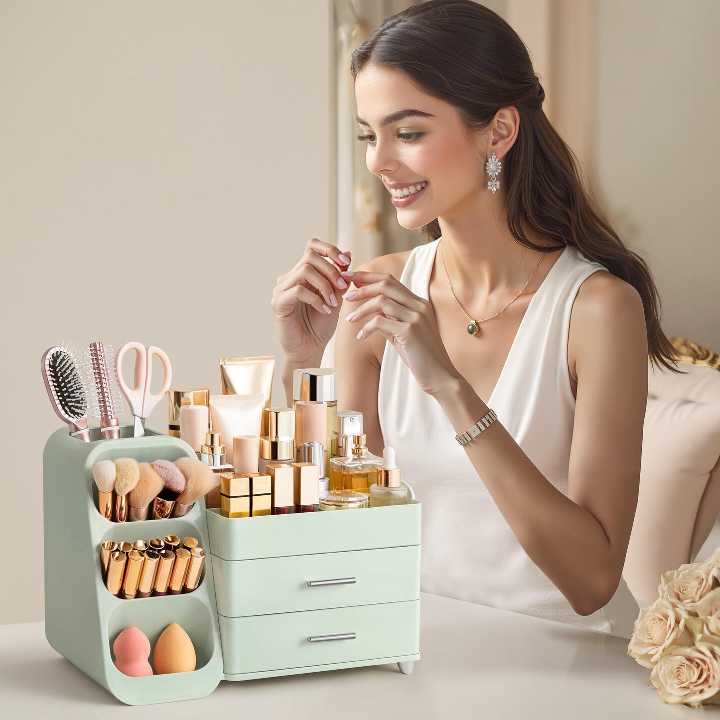 HBlife Makeup Organizer with Brush Holder for Vanity, Large Plastic Bathroom Countertop Organizer Skin Care Storage, Easy to Store Lipsticks, Nail Polishes, Perfumes, Eyeshadow Palettes, All Green