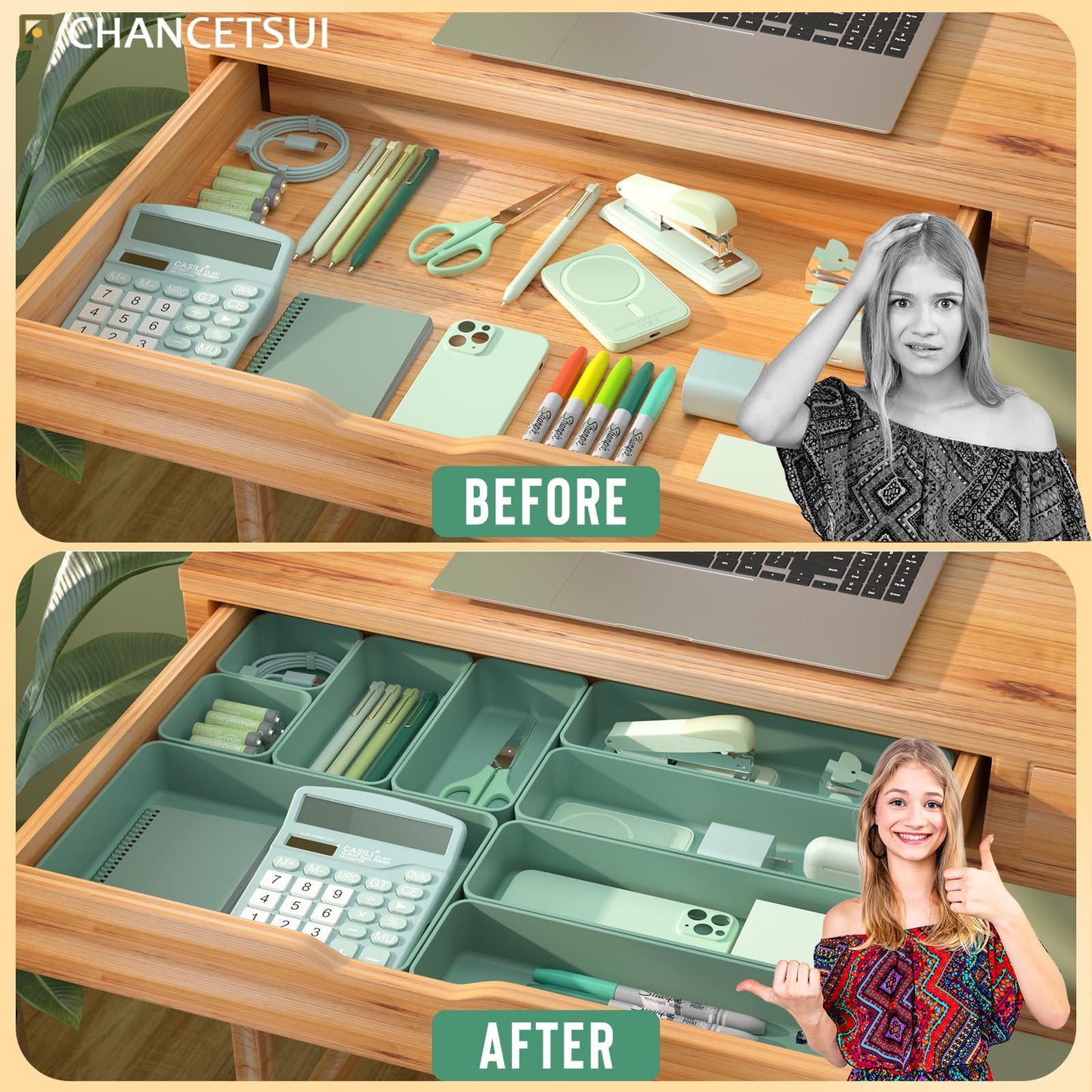CHANCETSUI 9 Pcs Stackable Drawer Organizer Trays Set, Green, Multifunctional Storage for Vanity, Bathroom, Kitchen, Desk Drawer Organizer Office, PET Plastic
