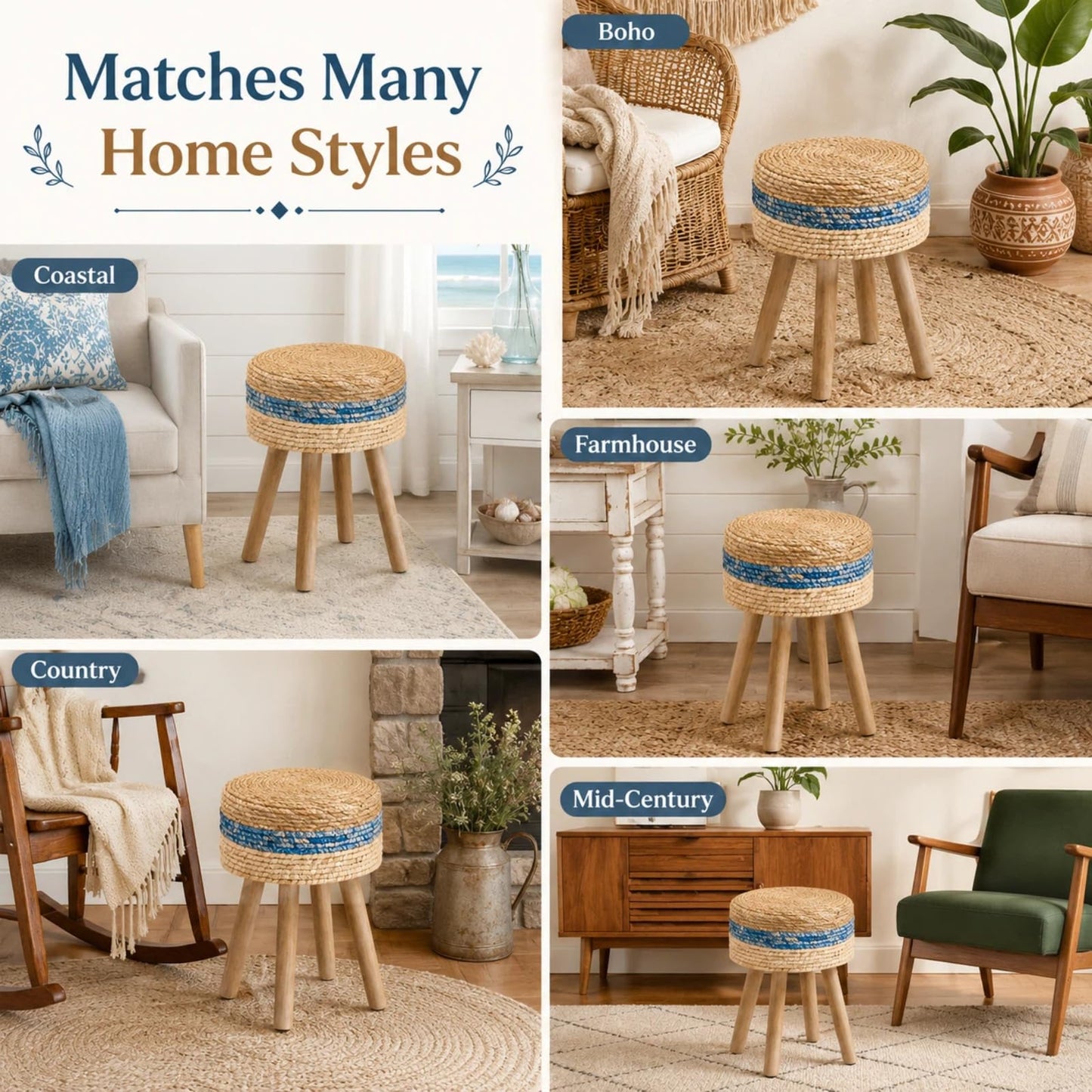 Wimarsbon Pouf Ottoman, Round Footstool with 4 Wood Leg, Handmade Bohomia Natural Outdoor Footrest, Rustic Dressing Stool, Accent Vanity Chair (High Blue)