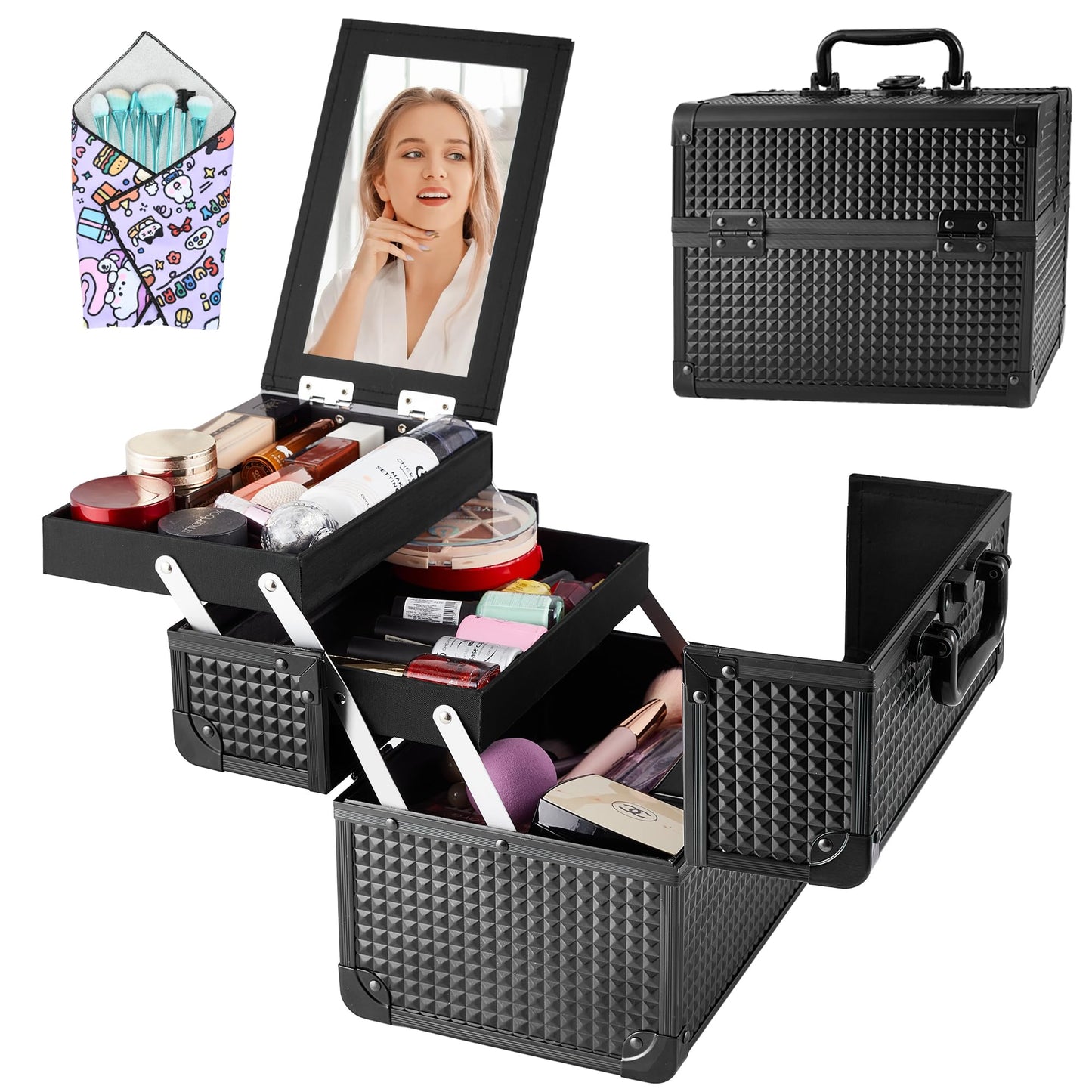 GALHUBIS Makeup Train Case, Portable Makeup Case with Mirror, 2-Trays Cosmetic Organizer Case,Nail Polish Organizer, Travel Makeup Box, Profesional for Salon Barber, Pattern Black Pink