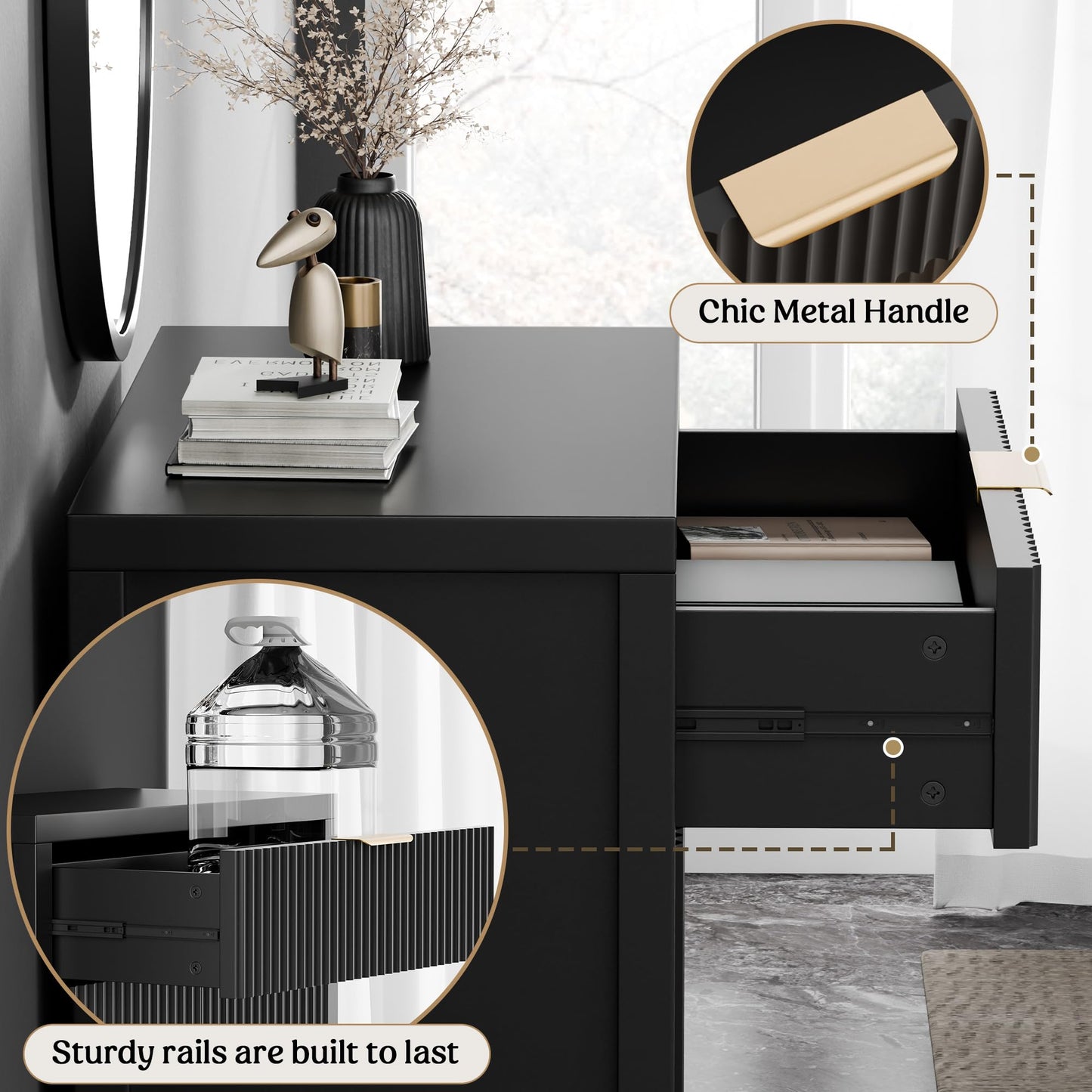 Lulive Fluted Buffet Cabinet for Kitchen, 28.3" Sideboard Cabinet Black