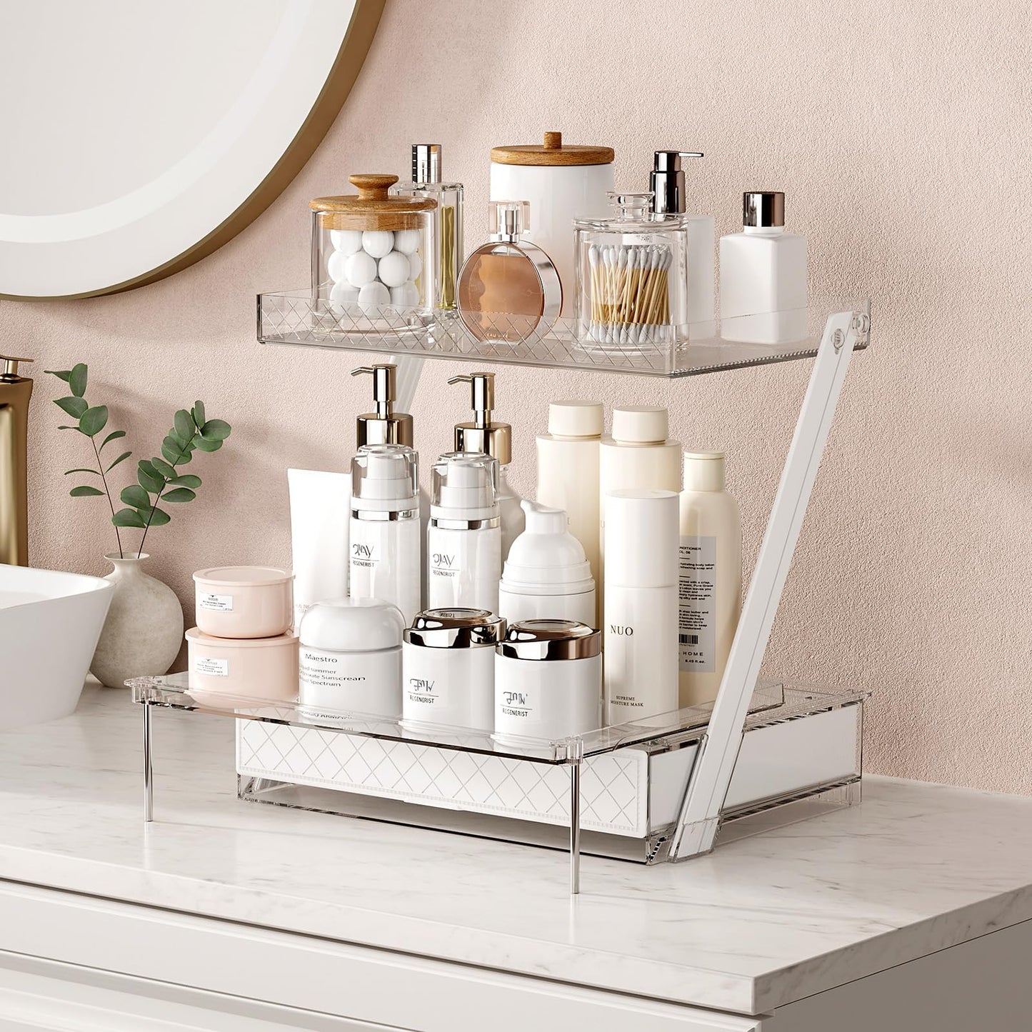 3-Tier Bathroom Countertop Makeup Organizer - Big Make Up Storage with Slide-Out Tray & Bottom Drawer, Transparent Acrylic for Cosmetics Brushes Lipsticks Skincare