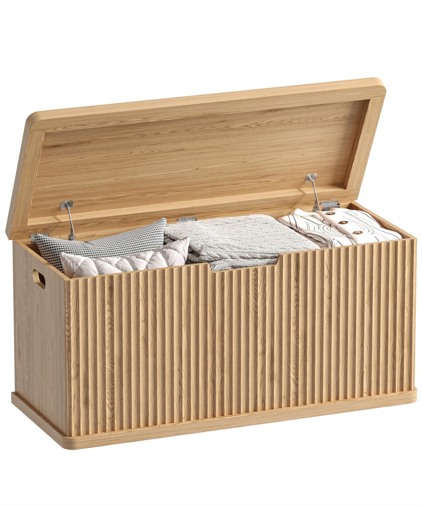 Akxomel Fluted Storage Chest with 2 Safety Hinges, 37.4" Wooden Storage Trunk, Natural Entryway Bench, for Living Room, Bedroom, Curved Profile, Easy Assembly, Natural Oak