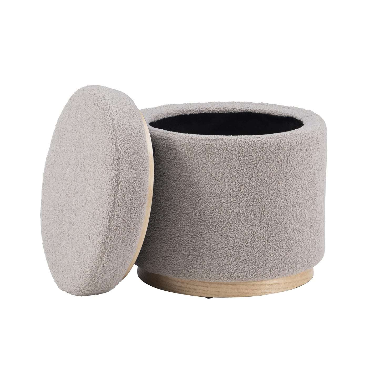 Linon Lexington Grey Sherpa Round Storage Ottoman with Wood Accent