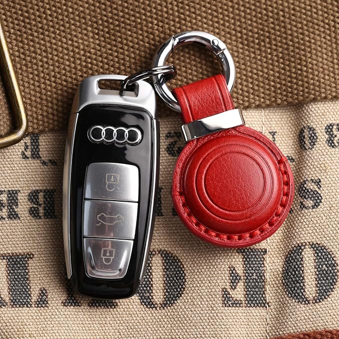 Genuine Leather Keychain Holder Compatible with AirTag - Secure Case Cover Key Ring Chain Fob Accessories Intended for Air Tag - Dark Red