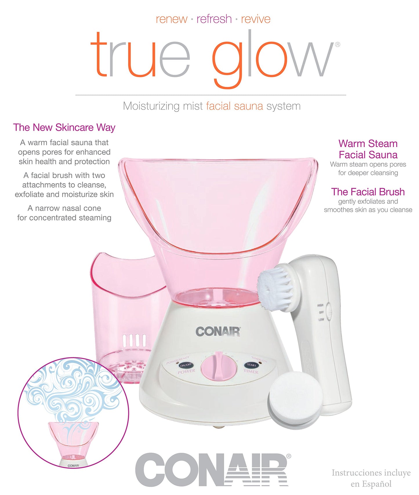 True Glow by Conair Moisturizing Mist Facial Sauna System; Pink / Cream