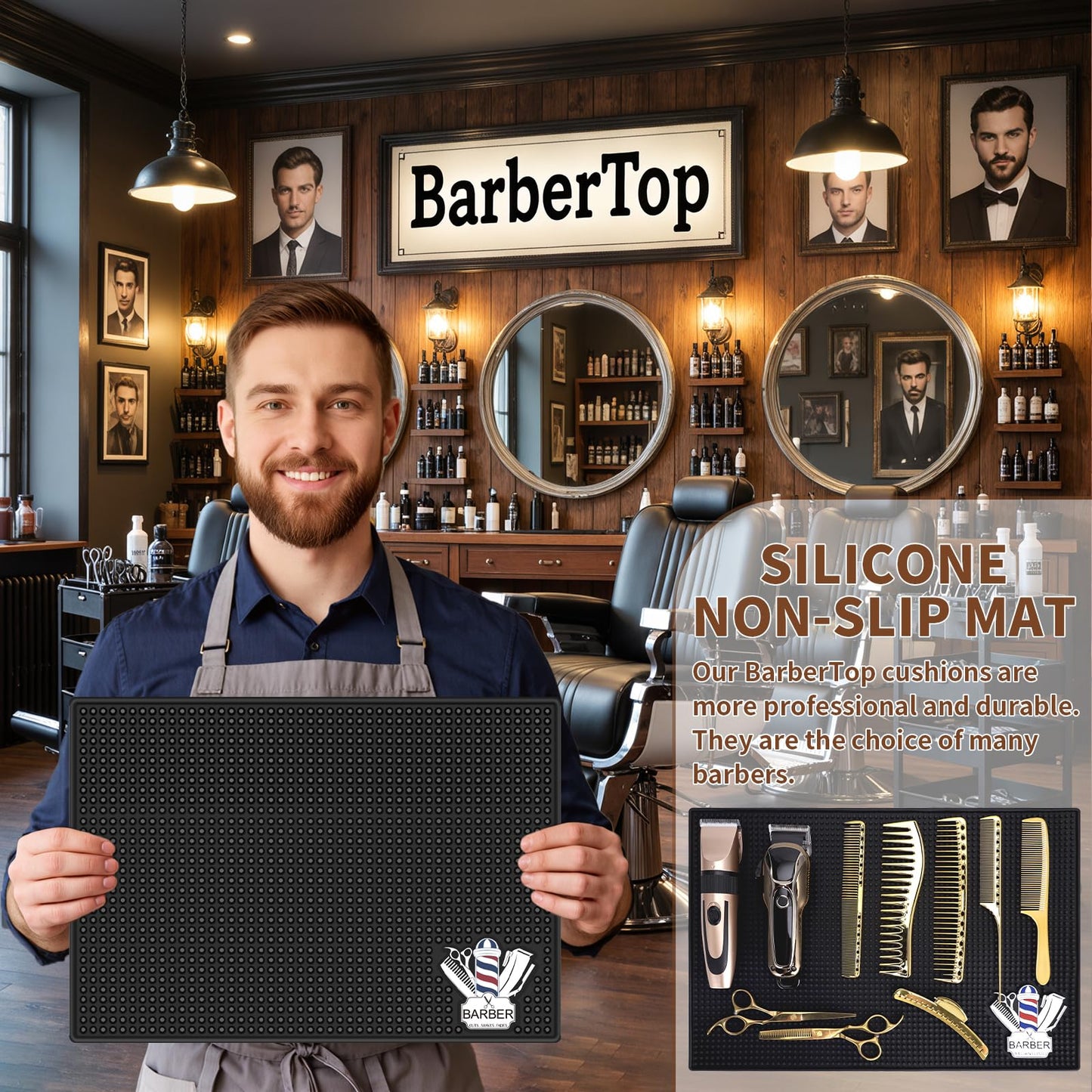 Barber Mat for Clippers Non-Slip Thickened Silicone Non-Slip Mat | Barber Shop Home Counter Workstation Organizer Mat for Scissors, Trimmers, Clippers, Hair Cards, Combs, Razors, etc (17.5 * 12 Inch)