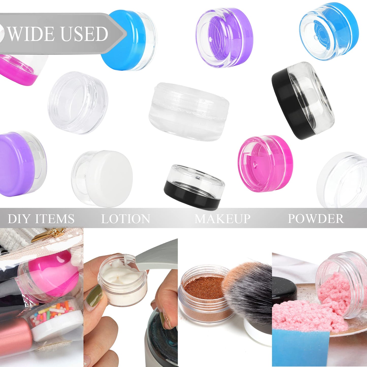 100PCS 5 Gram Sample Containers, 5ml Empty Jars with Lids, Small Cosmetic Containers, Mini Sample Jars with 8PCS Mini Spatulas for Make Up, Oils, Lotion, Powder, Paint, Jewelry, Lip Balms(White Lid)