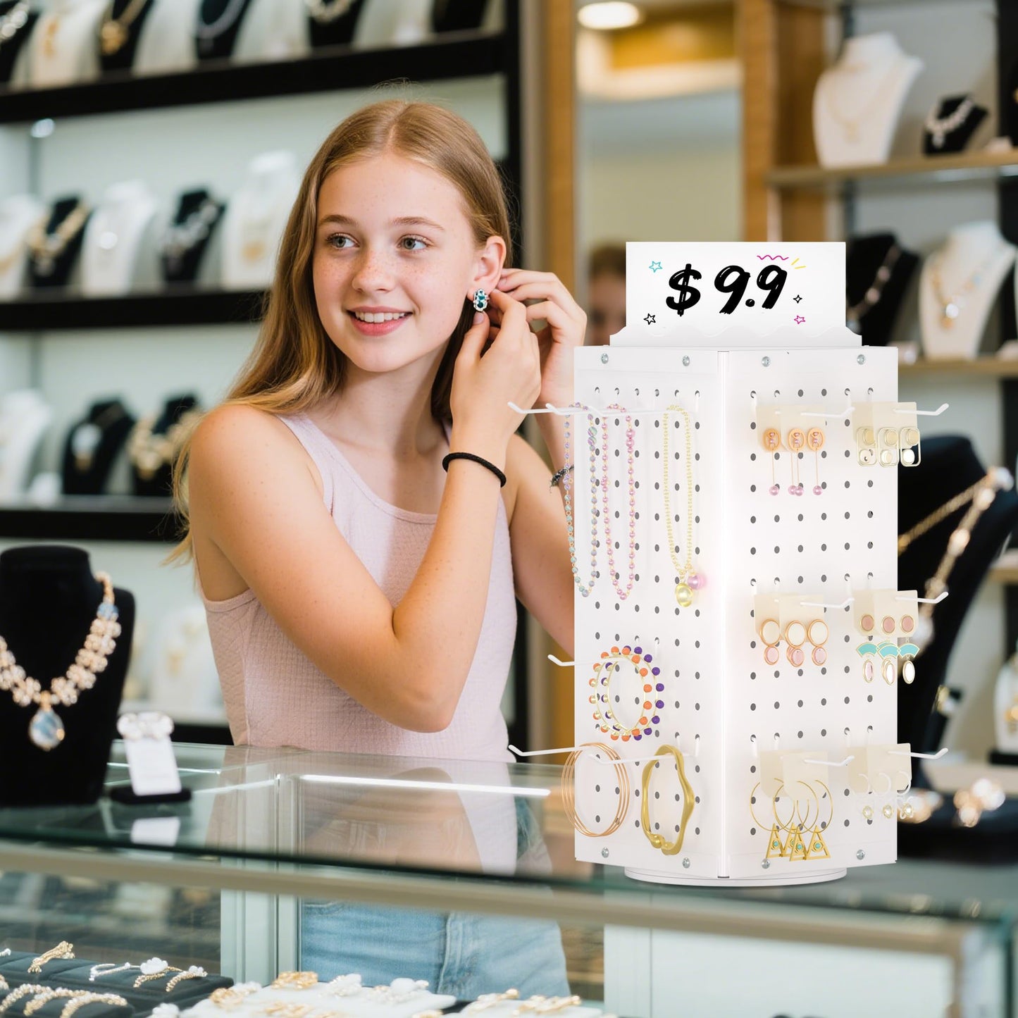 Urban Deco 360° Rotating Pegboard Display Stand with Signage, 4-Sided Spinning Peg Board Stand with 24 Hooks for Jewelry, Earring & Keychain Holder Displays for Craft Shows & Vendor Events (White)