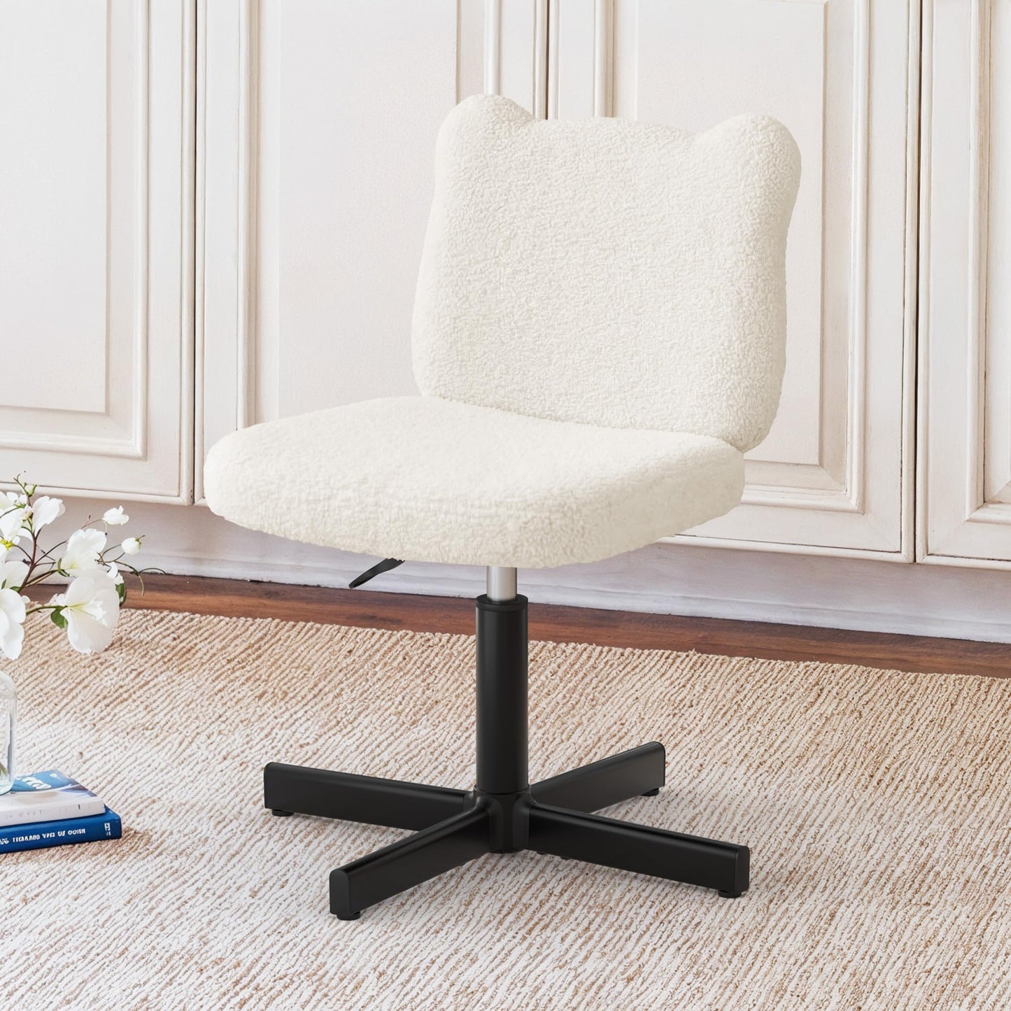 LUE BONA Adjustable Vanity Stool Chair with Girly Bear Ear Wide Back, 360° Swivel Vanity Stool for Makeup Room, Upholstered Teddy Velvet Ottoman for Teen Girls, 350lbs, Beige