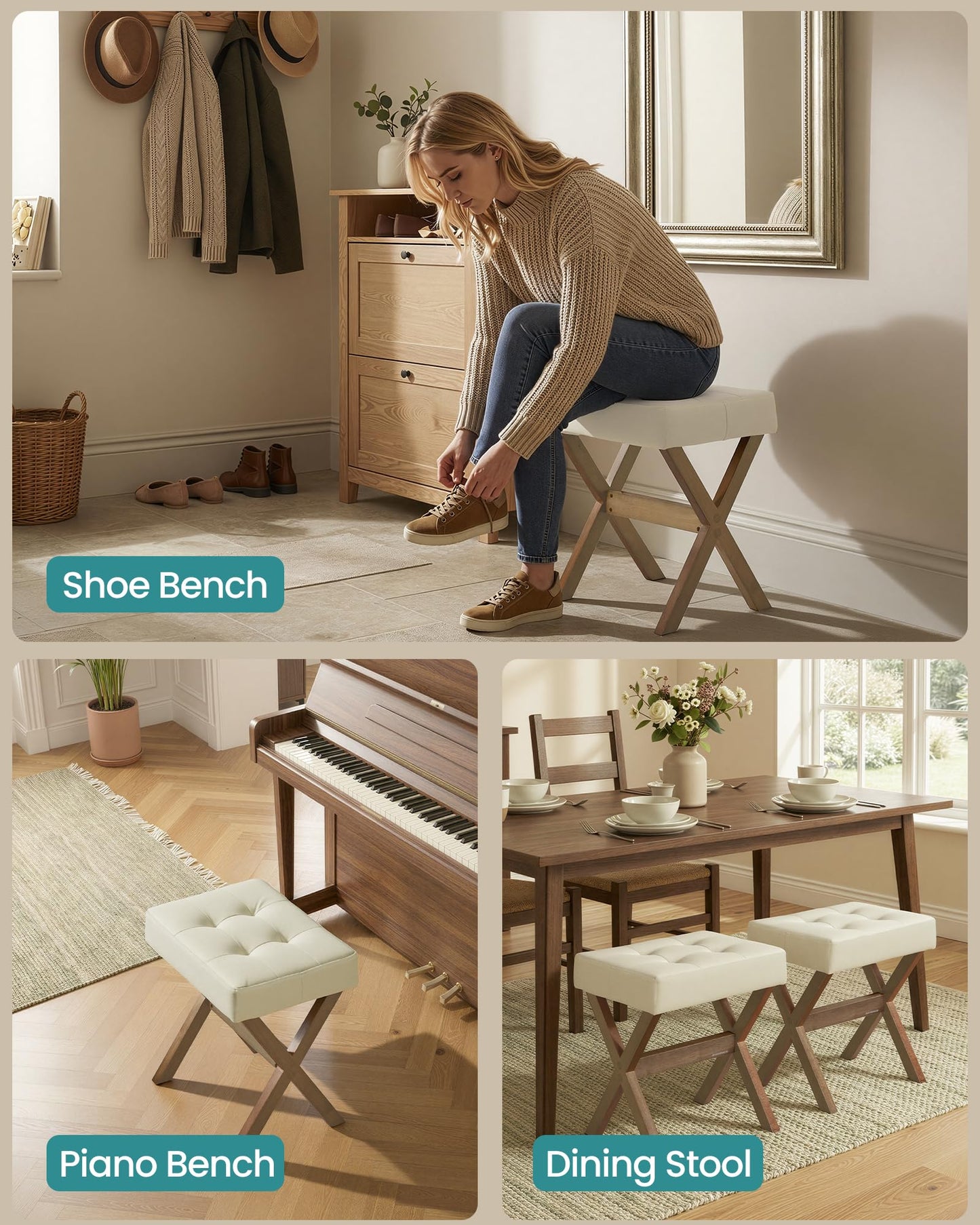 SONGMICS Makeup Stool, Padded Vanity Stool, Foot Rest, Solid Wood X Legs, for Bedroom, Closet, Entryway, 12.6 x 16.5 x 18.1 Inches, Summer Sand and Brown ULSF006LF01