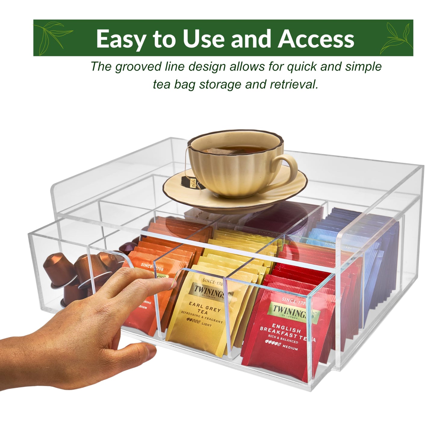 Meicloud Acrylic Tea Station Organizer for Countertop - Tea Bag Organizer Drawer, Clear Lucite K Cup and Coffee Pod Storage box with 8 Compartments, Tea Caddy Creamer Holder Display Stand