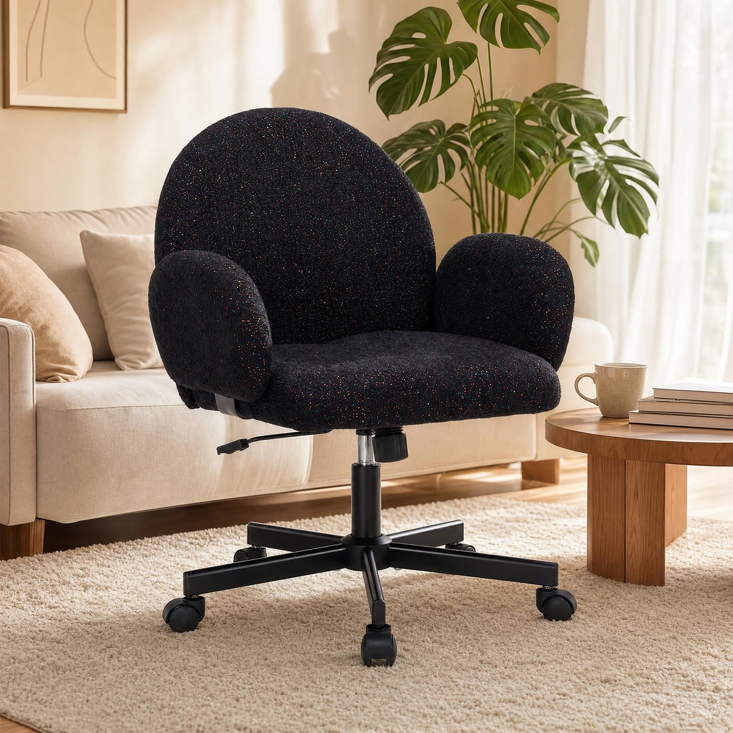 XYPFURN Home Office Desk Chair with Petal Backrest, Starry Chenille Cute Swivel Vanity Chair Adjustable Height, Comfy Upholstered Computer Chair with Wheels for Bedroom Living Room Makeup (Black)