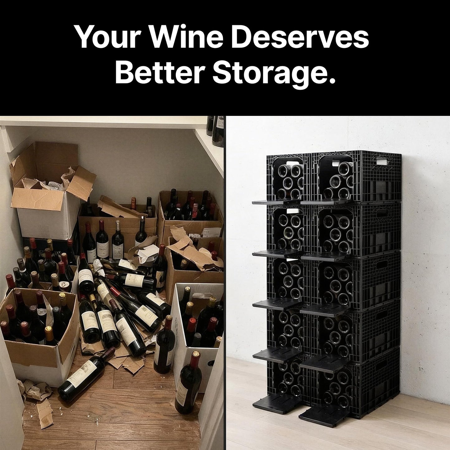 Stackable Wine Storage Crates Modular System, 12 Bottle Capacity per Crate, Dual Access Horizontal Wine Rack Organizer | Recycled Plastic for Cabinet, Cellar & Home Bar, Set of 6