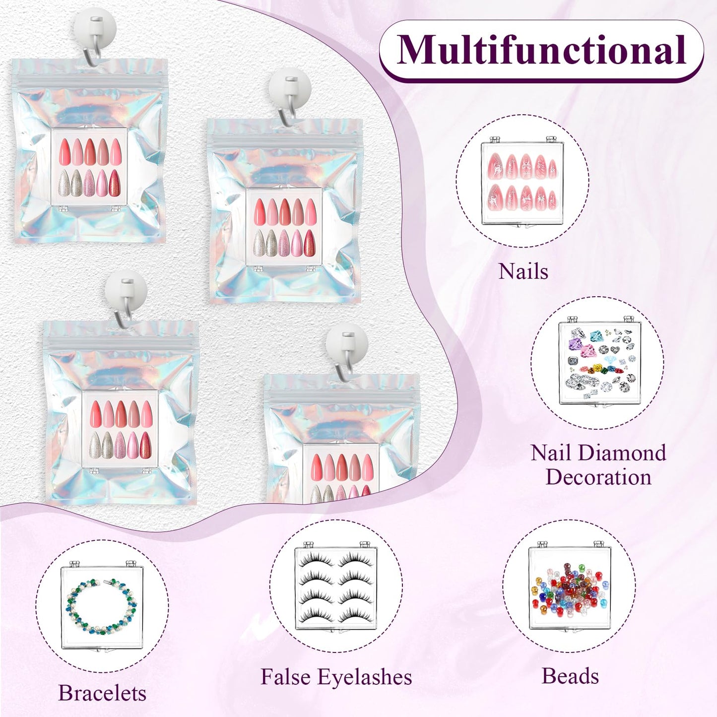 Worldity 50 Sets Nail Packaging for Press Ons, Clear Press on Nail Storage Box with Adhesive Double Sided Tape and Nails Packaging Bag, Artificial Nail Display Case for Nail Salon