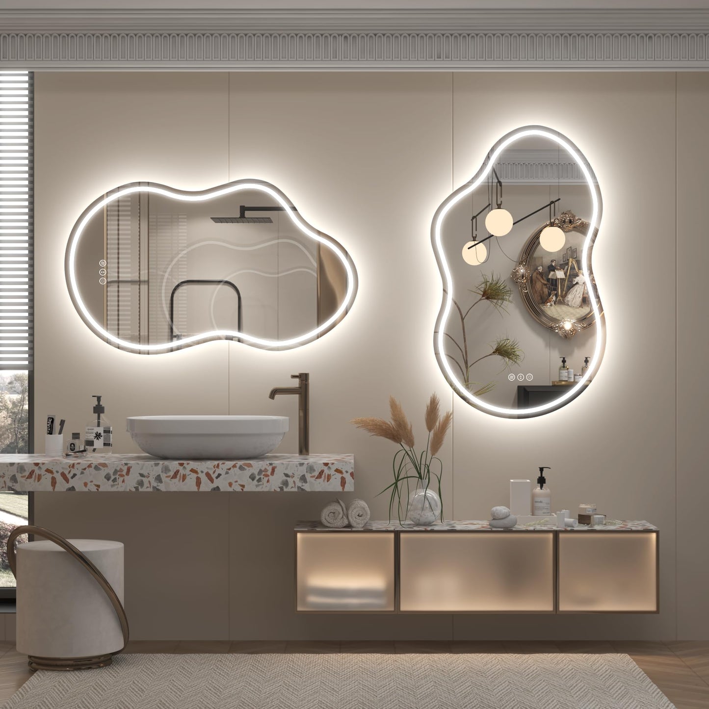 CHARMOR Irregular Backlit Bathroom Mirror with Lights 20x36 Inch, Asymmetrical Cloud-Shaped Led Lighted Vanity Mirror, Fogless, Dimmable, Shatterproof, Memory (Horizontal/Vertical)