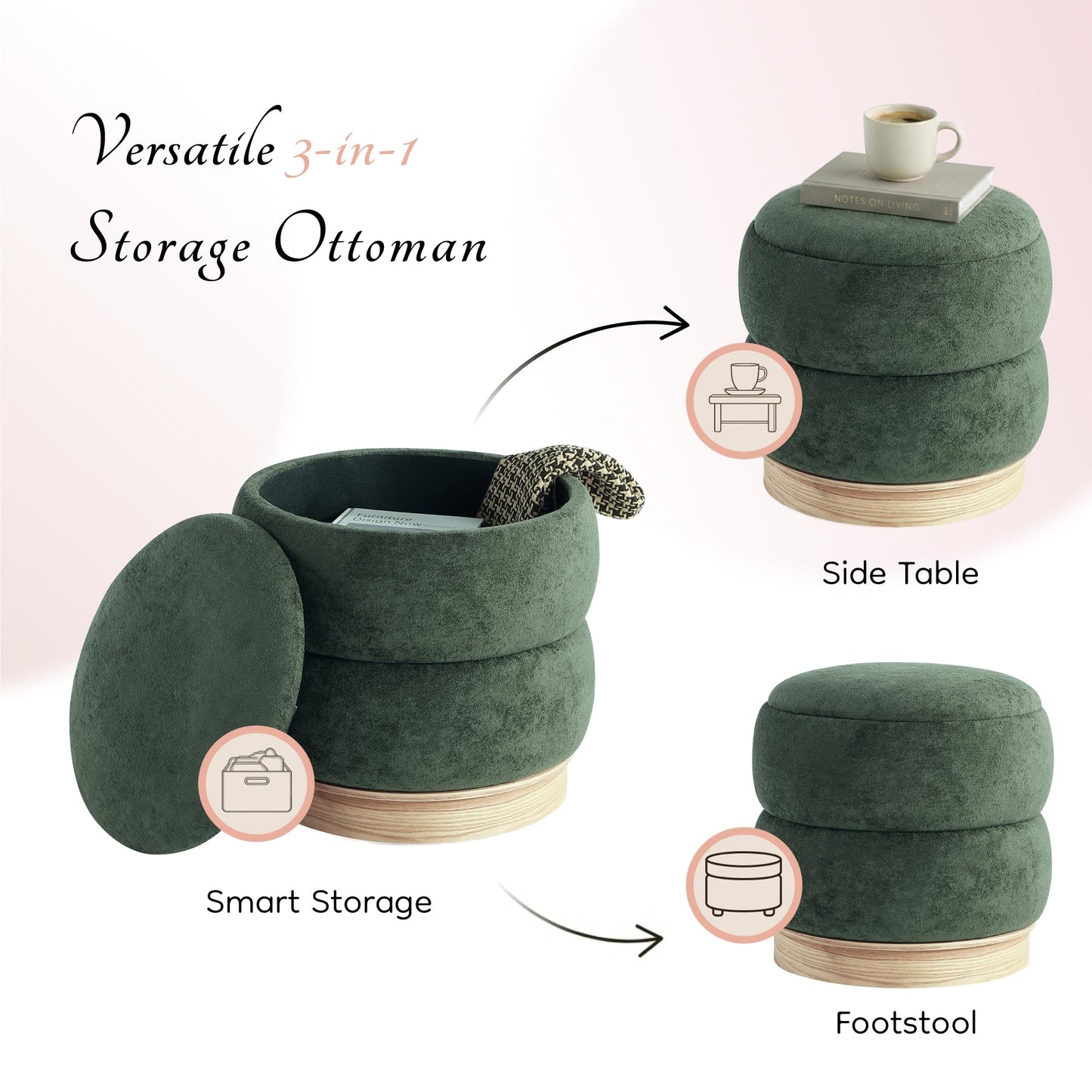 Get Set Style Round Ottoman with Wooden Base, Storage Vanity Stool for Makeup, Upholstered Footrest Stool Ottoman Foot Stool for Living Room, Bedroom