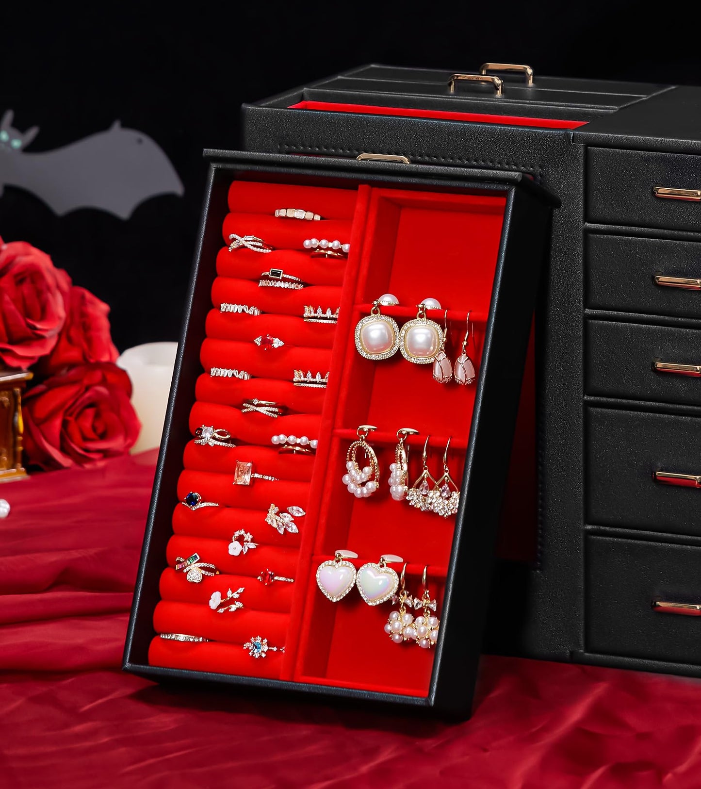 Homde Jewelry Organizer large for Dresser: Big Jewelry Box for Women - Holder with Drawers - Elegent Necklace Earring Ring Display Modern Gift (Black + Red+ Gold)