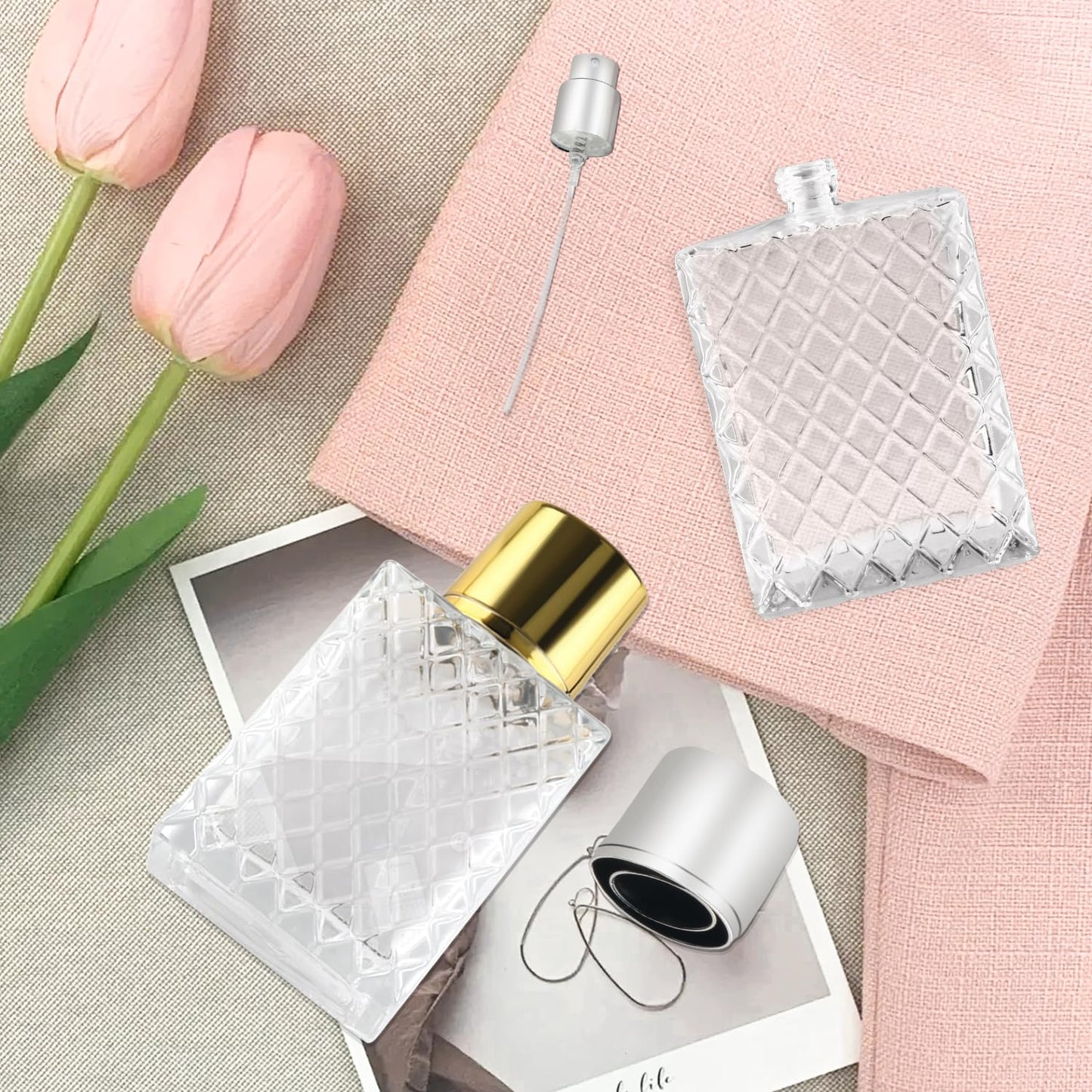 BOSMIOW 4 Pieces 50ml/1.7oz Clear Glass Perfume Bottles,Refillable Fine Mist Atomizer Spray Bottle,Cosmetic Sprayer for Perfume Essential Oils Cologne Liquids,Silver Lid