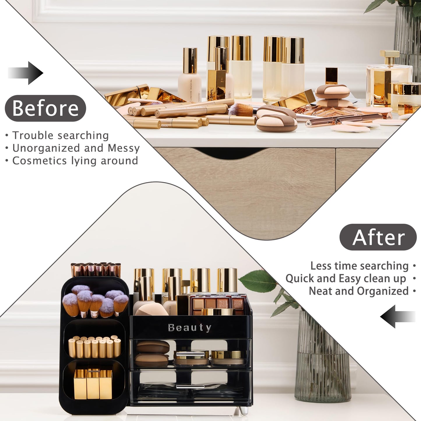 SYFIS Makeup Organizer for Vanity with Brush Holder, Countertop Makeup organizer with Drawers for Skincare, Cosmetics, Perfumes, Eyeshadow Palettes, Spacious Cosmetic storage organizer